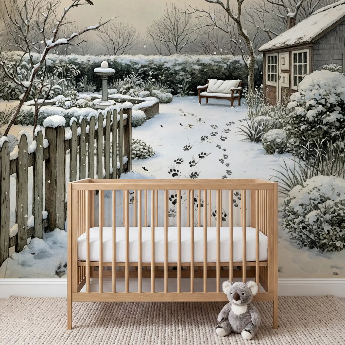 Storybook paw prints snow garden winter wallpaper mural for nursery by Whimsy Tots
