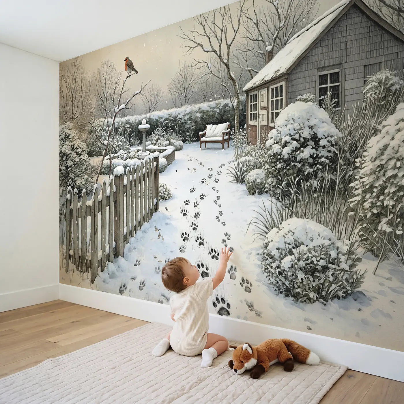 Child in nursery with Snowy Garden Paw Prints Wallpaper Mural by Whimsy Tots