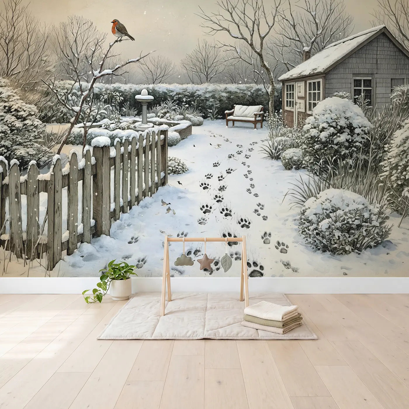 Snowy Garden Paw Prints Wallpaper Mural in playroom setting by Whimsy Tots