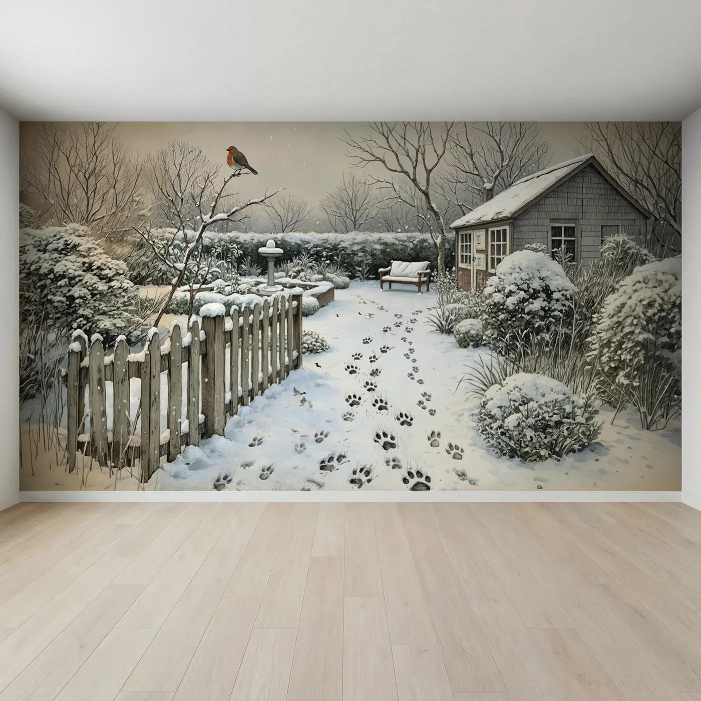 Full view of Snowy Garden Paw Prints Wallpaper Mural by Whimsy Tots
