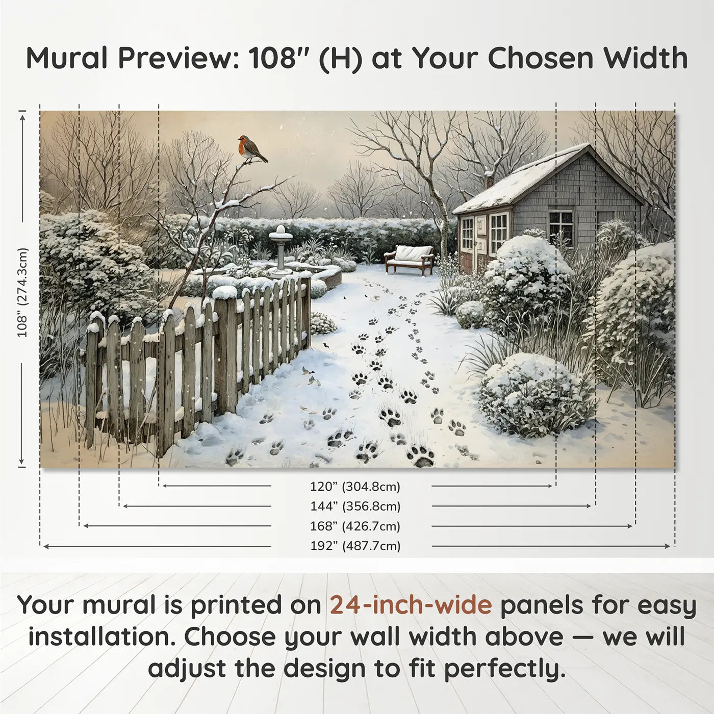 Panel layout and dimensions for Snowy Garden Paw Prints Wallpaper Mural by Whimsy Tots