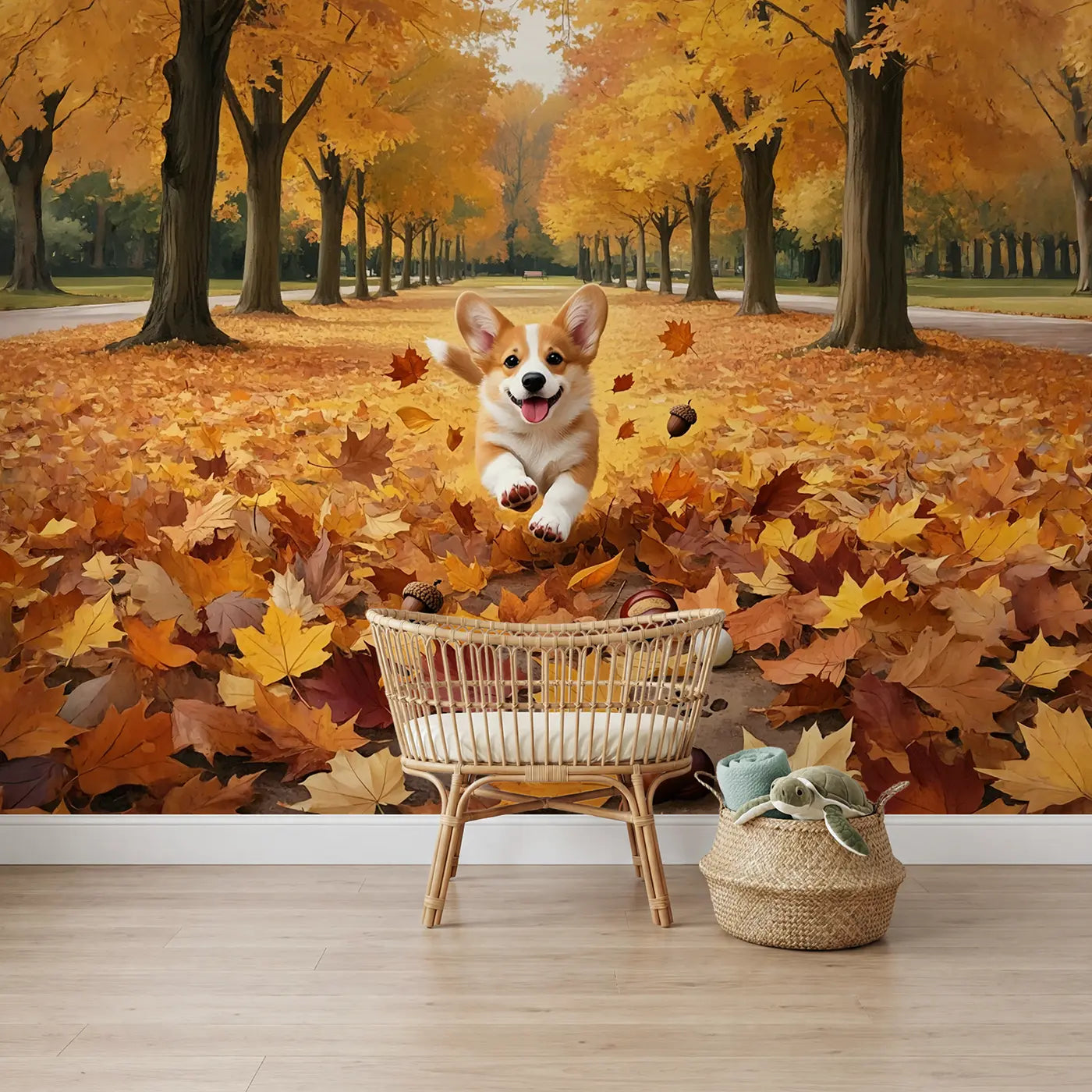 soft pastel corgi puppy autumn park mural for boys nursery by Whimsy Tots