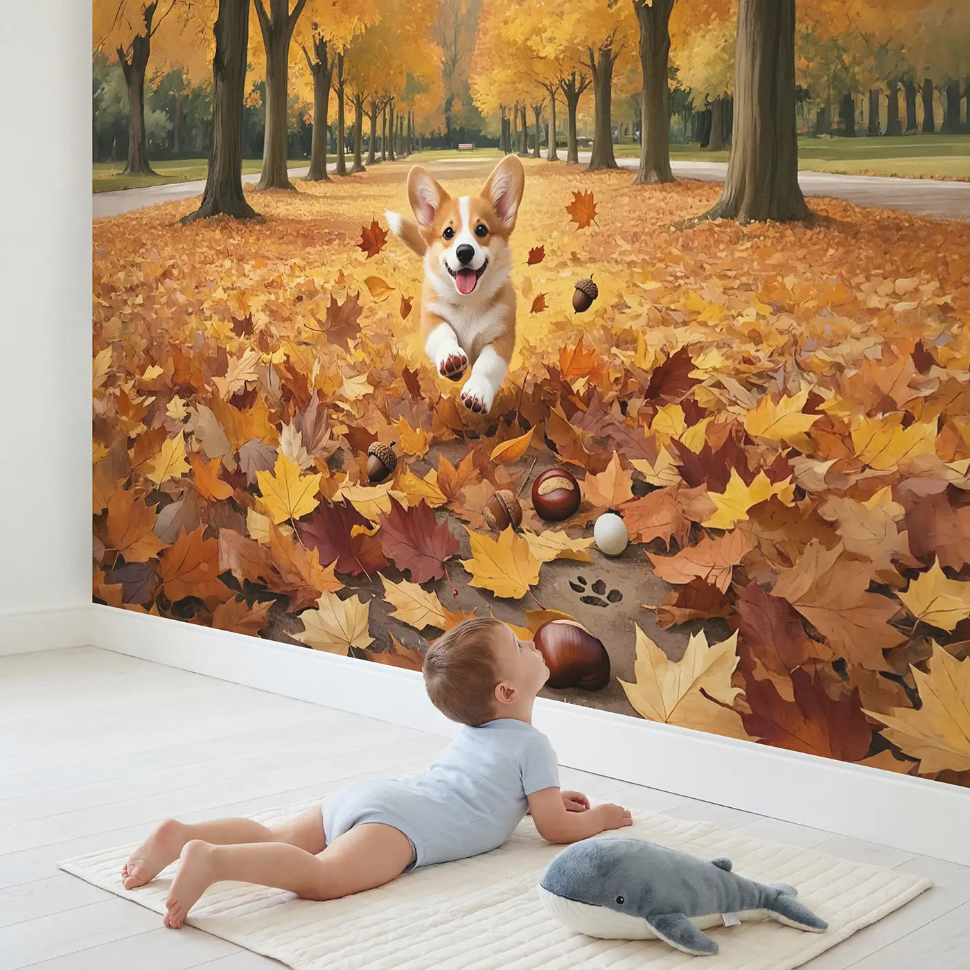 Child in nursery with Corgi Puppy Autumn Leaves Park Wallpaper Mural by Whimsy Tots