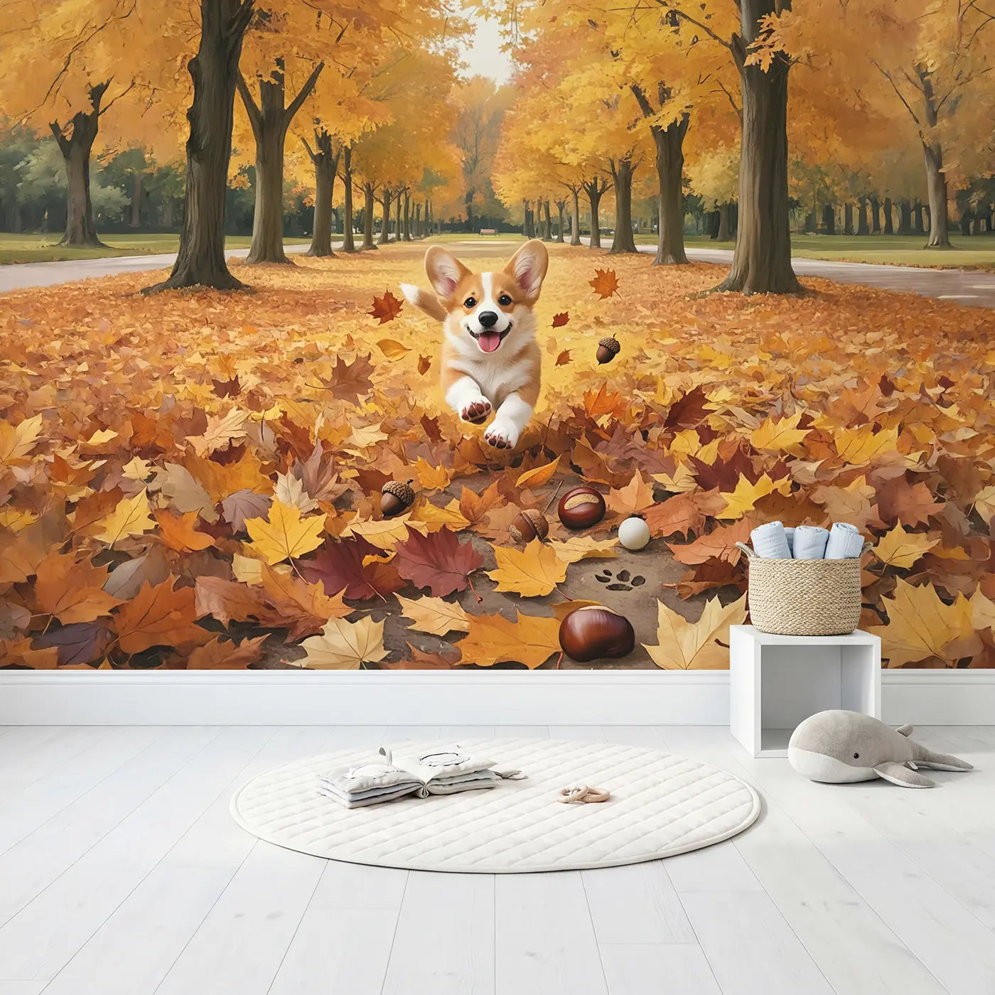 Corgi Puppy Autumn Leaves Park Wallpaper Mural in playroom setting by Whimsy Tots