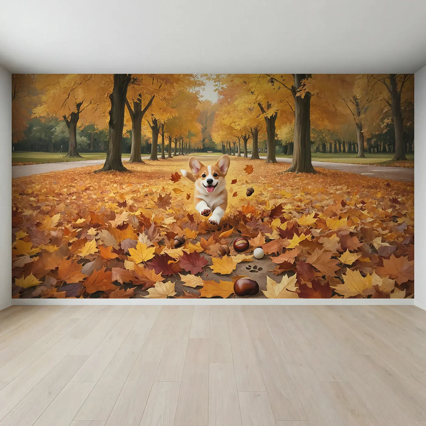 Full view of Corgi Puppy Autumn Leaves Park Wallpaper Mural by Whimsy Tots