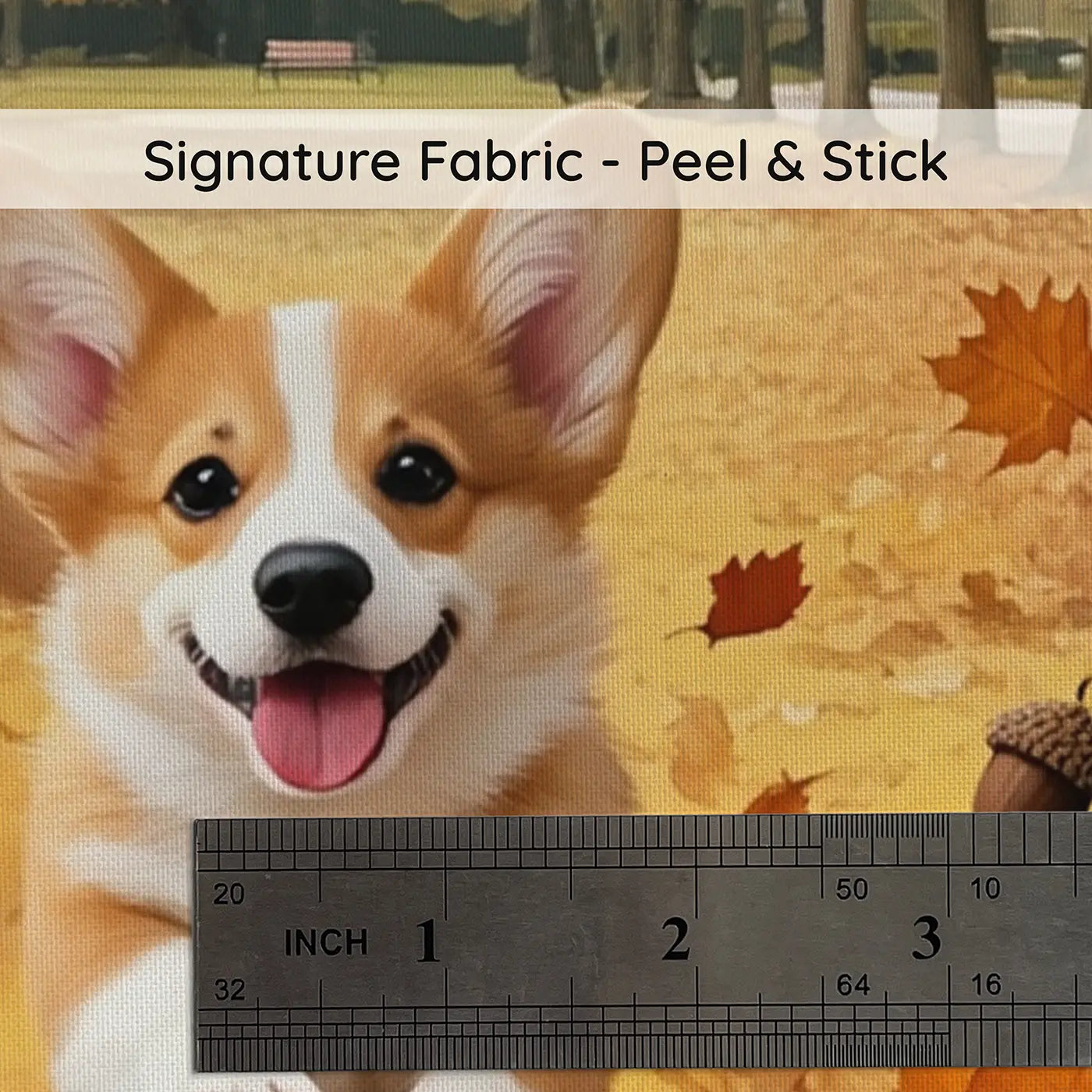 Fabric texture close-up of Corgi Puppy Autumn Leaves Park Wallpaper Mural by Whimsy Tots