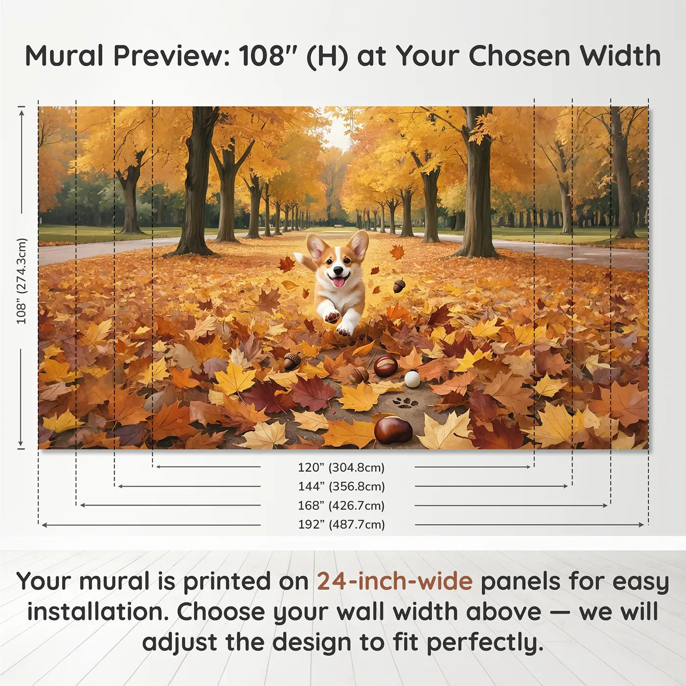 Panel layout and dimensions for Corgi Puppy Autumn Leaves Park Wallpaper Mural by Whimsy Tots