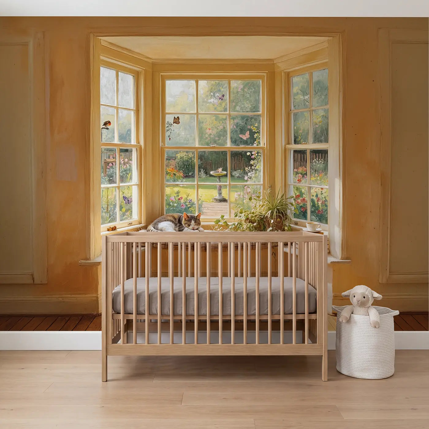 soft pastel window seat cats garden wallpaper mural for nursery by Whimsy Tots