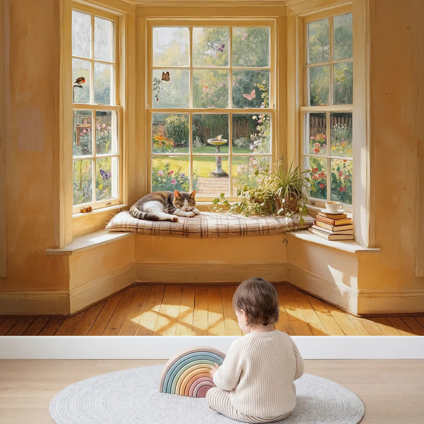 Child in nursery with Window Seat Cat World Wallpaper Mural by Whimsy Tots