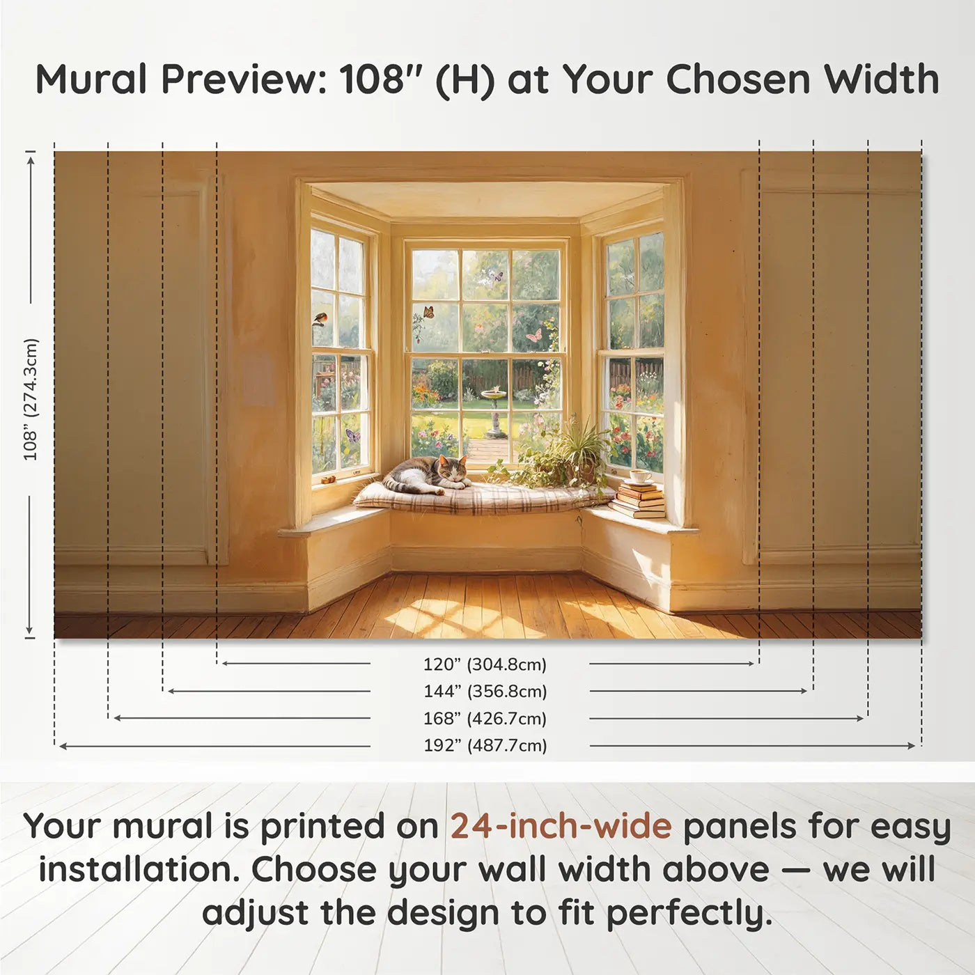 Panel layout and dimensions for Window Seat Cat World Wallpaper Mural by Whimsy Tots