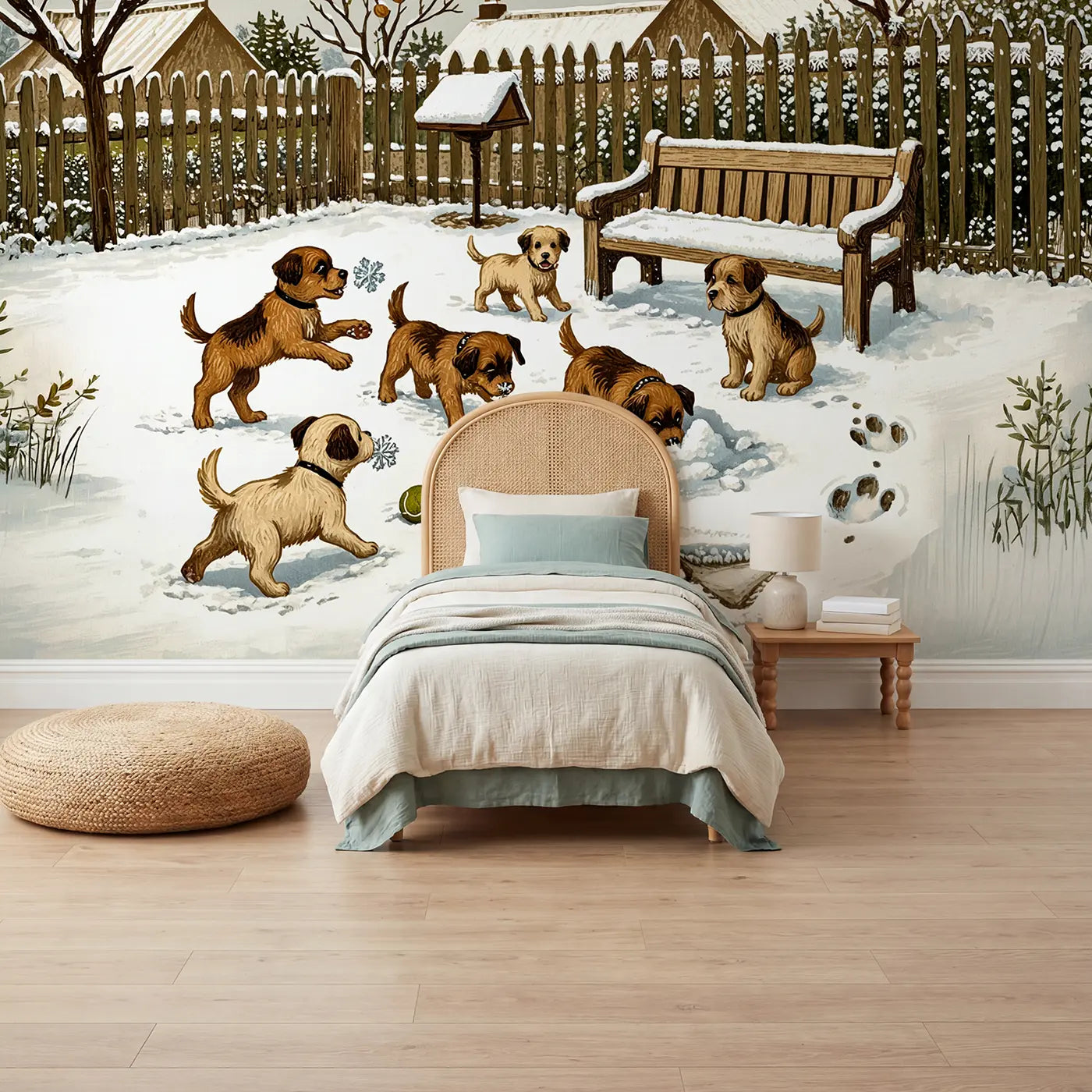 block print puppies first snow morning wallpaper mural for kids room by Whimsy Tots