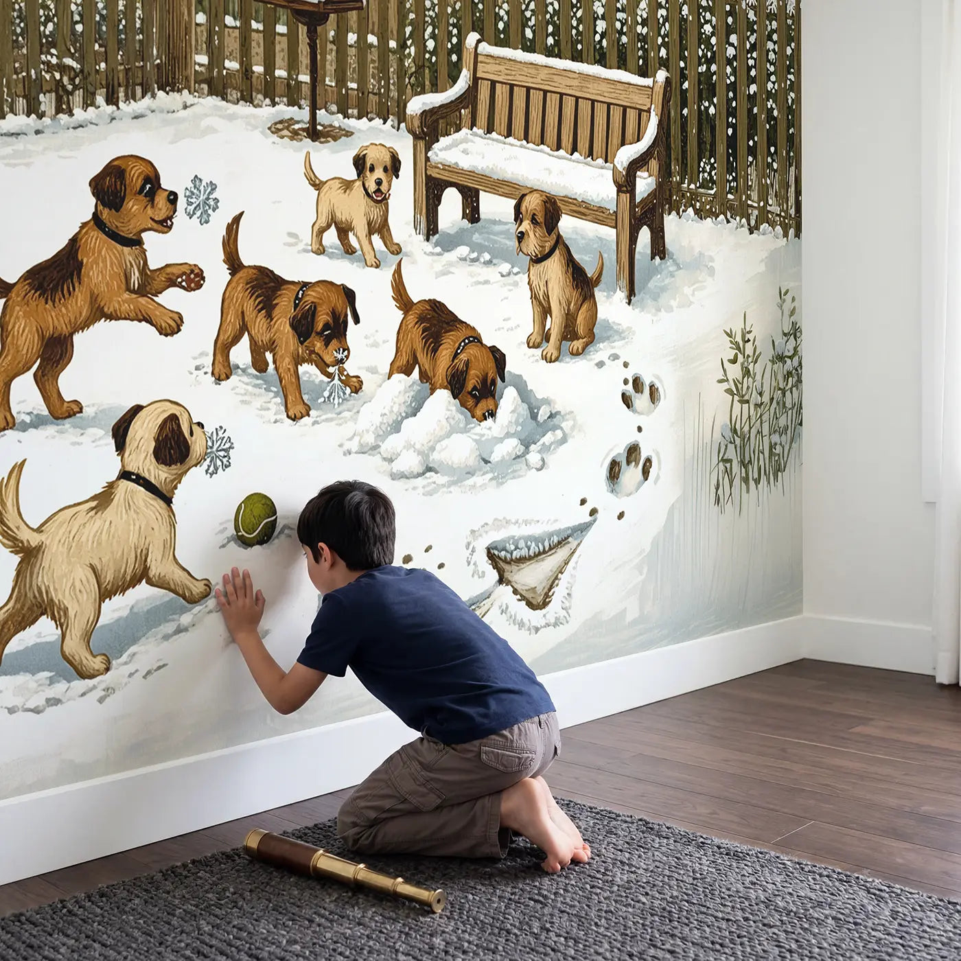 Child in nursery with Puppies First Snow Morning Wallpaper Mural by Whimsy Tots