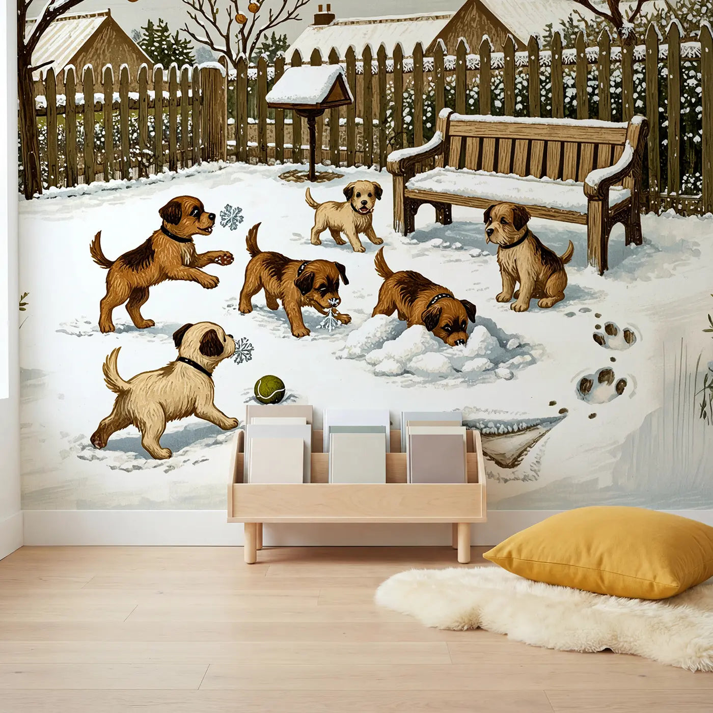 Puppies First Snow Morning Wallpaper Mural in playroom setting by Whimsy Tots