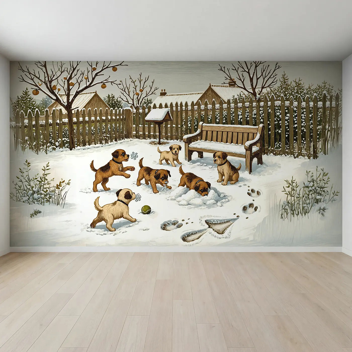 Full view of Puppies First Snow Morning Wallpaper Mural by Whimsy Tots