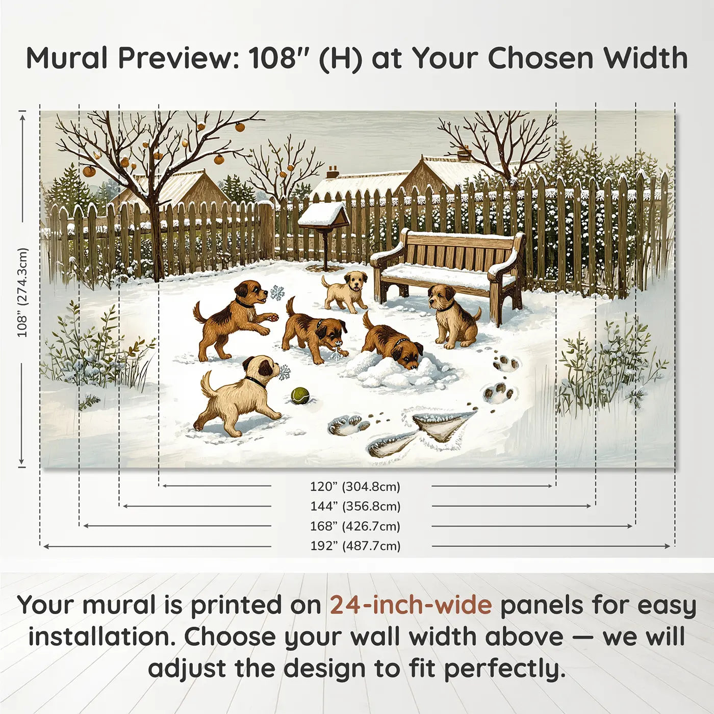 Panel layout and dimensions for Puppies First Snow Morning Wallpaper Mural by Whimsy Tots
