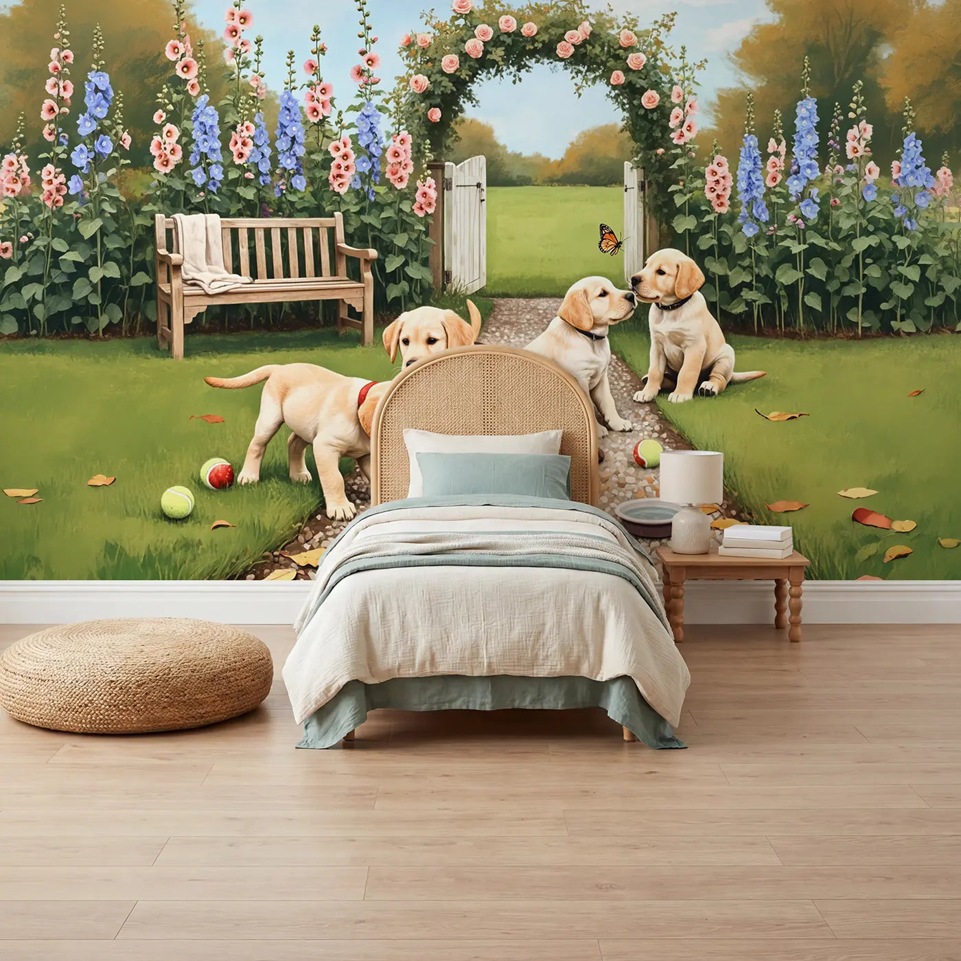 Soft Pastel puppy garden morning wallpaper mural for kids room by Whimsy Tots