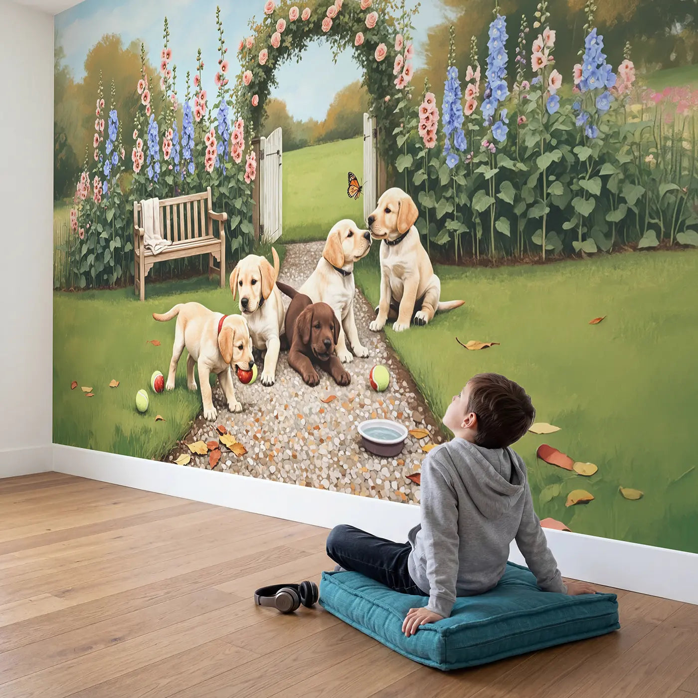 Child in nursery with Puppy Garden Morning Wallpaper Mural by Whimsy Tots