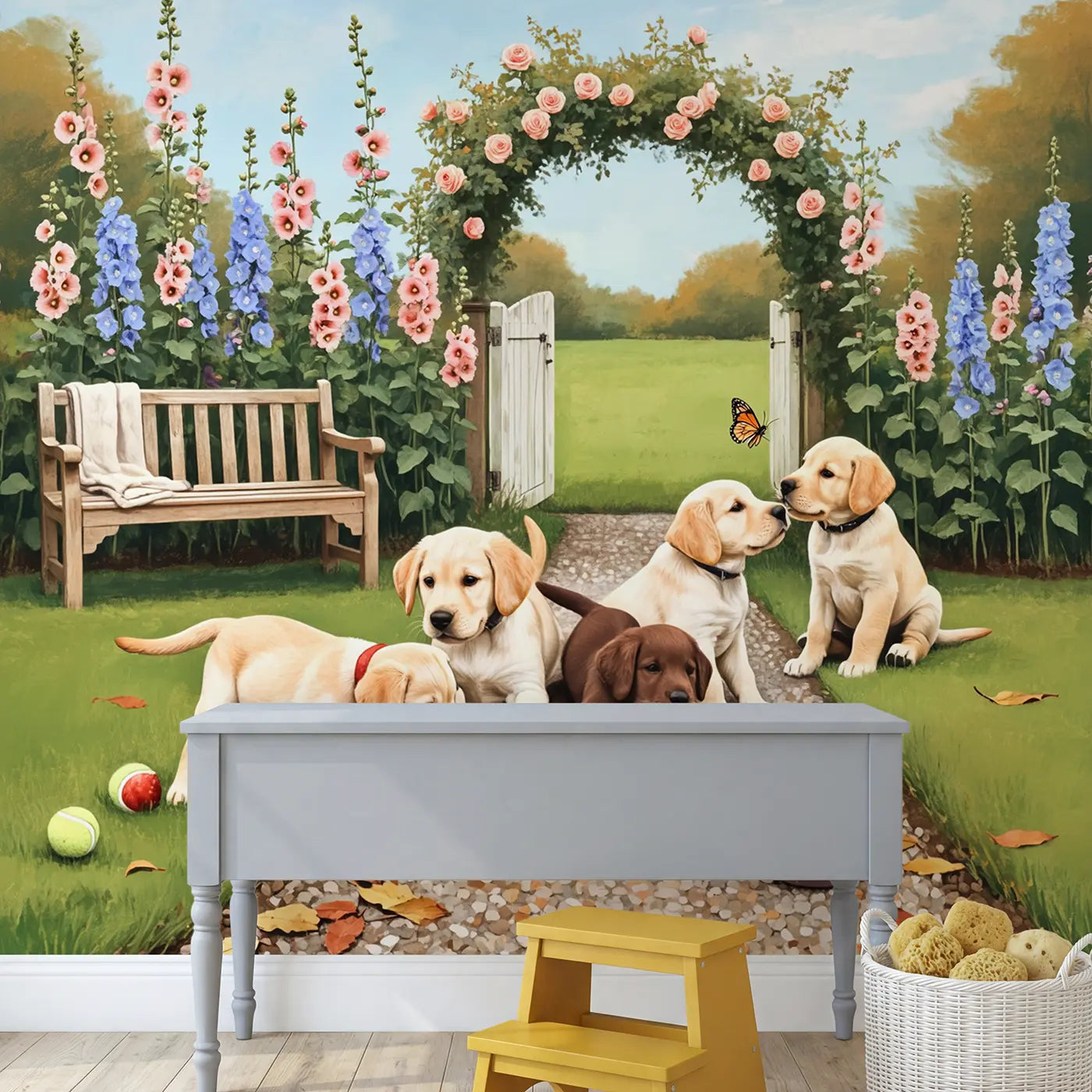 Puppy Garden Morning Wallpaper Mural in playroom setting by Whimsy Tots