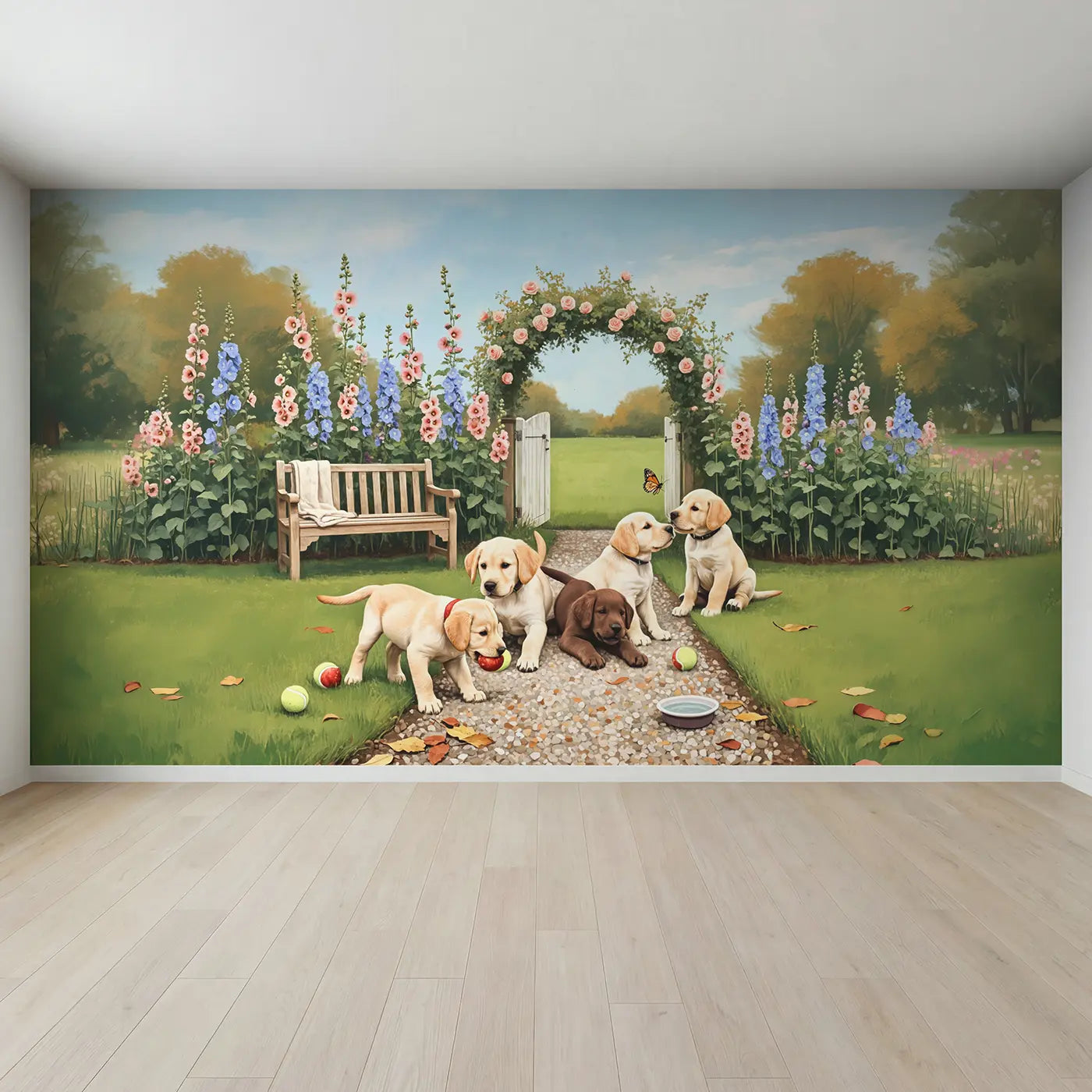 Full view of Puppy Garden Morning Wallpaper Mural by Whimsy Tots
