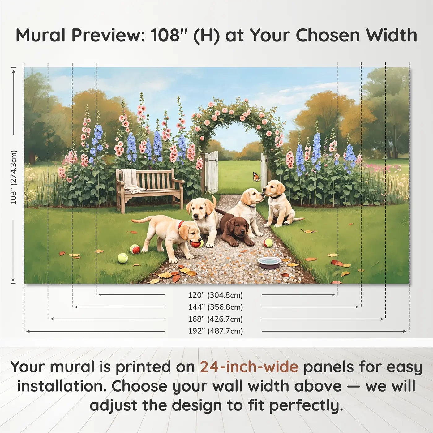 Panel layout and dimensions for Puppy Garden Morning Wallpaper Mural by Whimsy Tots