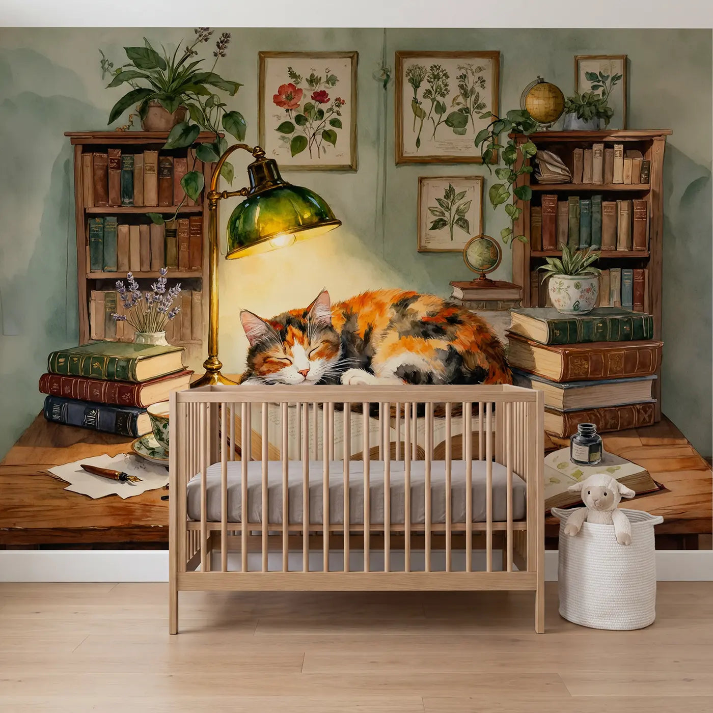 Watercolor tortoiseshell cat old books cozy wallpaper mural for nursery by Whimsy Tots