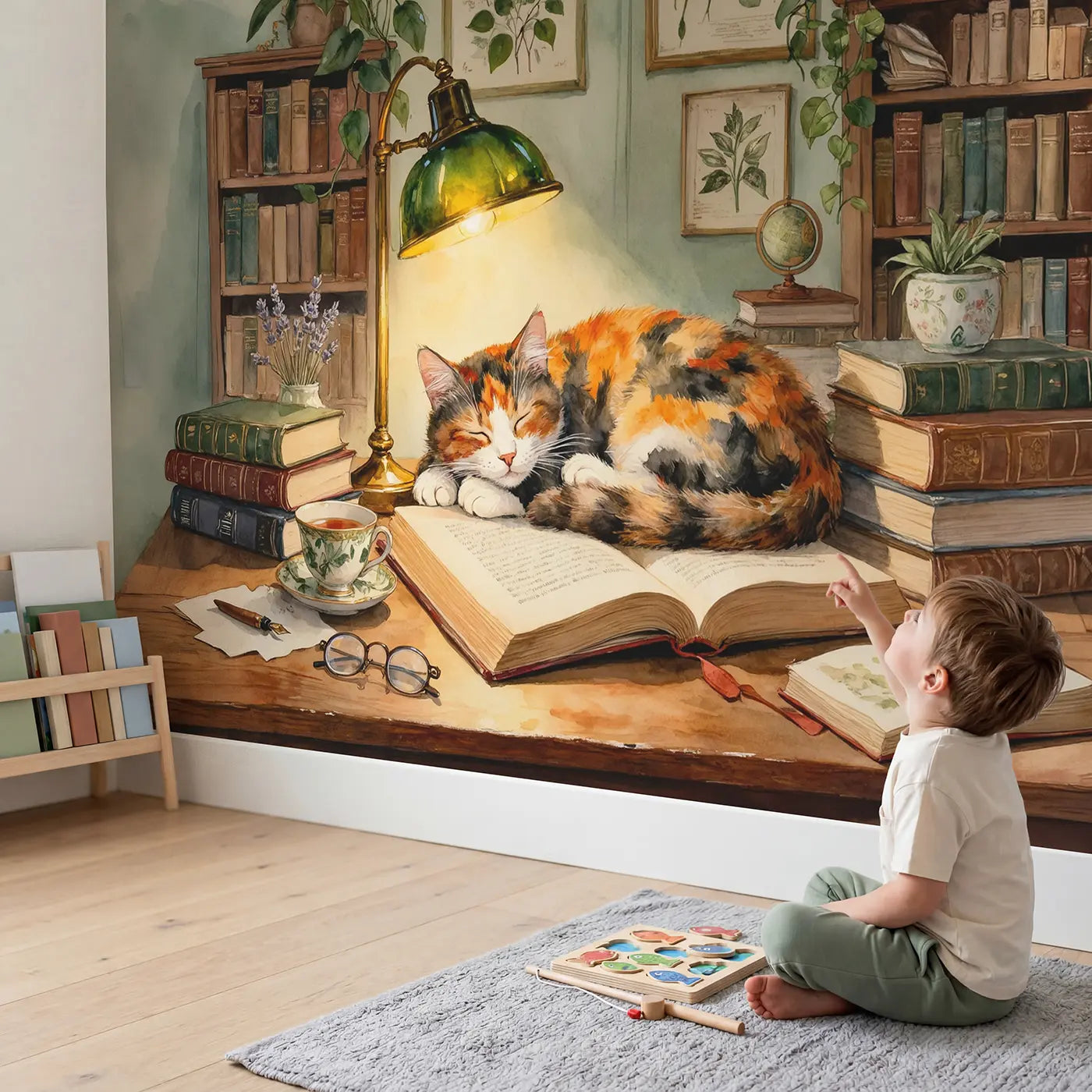 Child in nursery with Tortoiseshell Cat Old Book Wallpaper Mural by Whimsy Tots