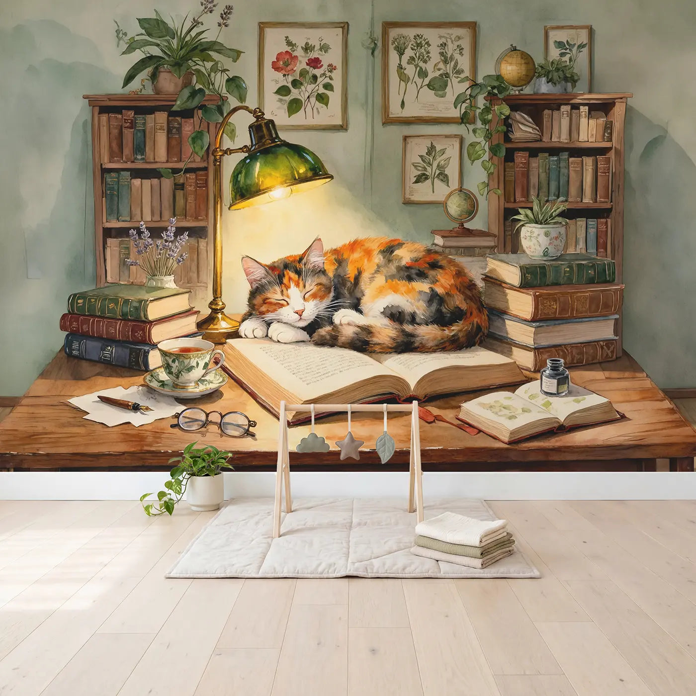 Tortoiseshell Cat Old Book Wallpaper Mural in playroom setting by Whimsy Tots