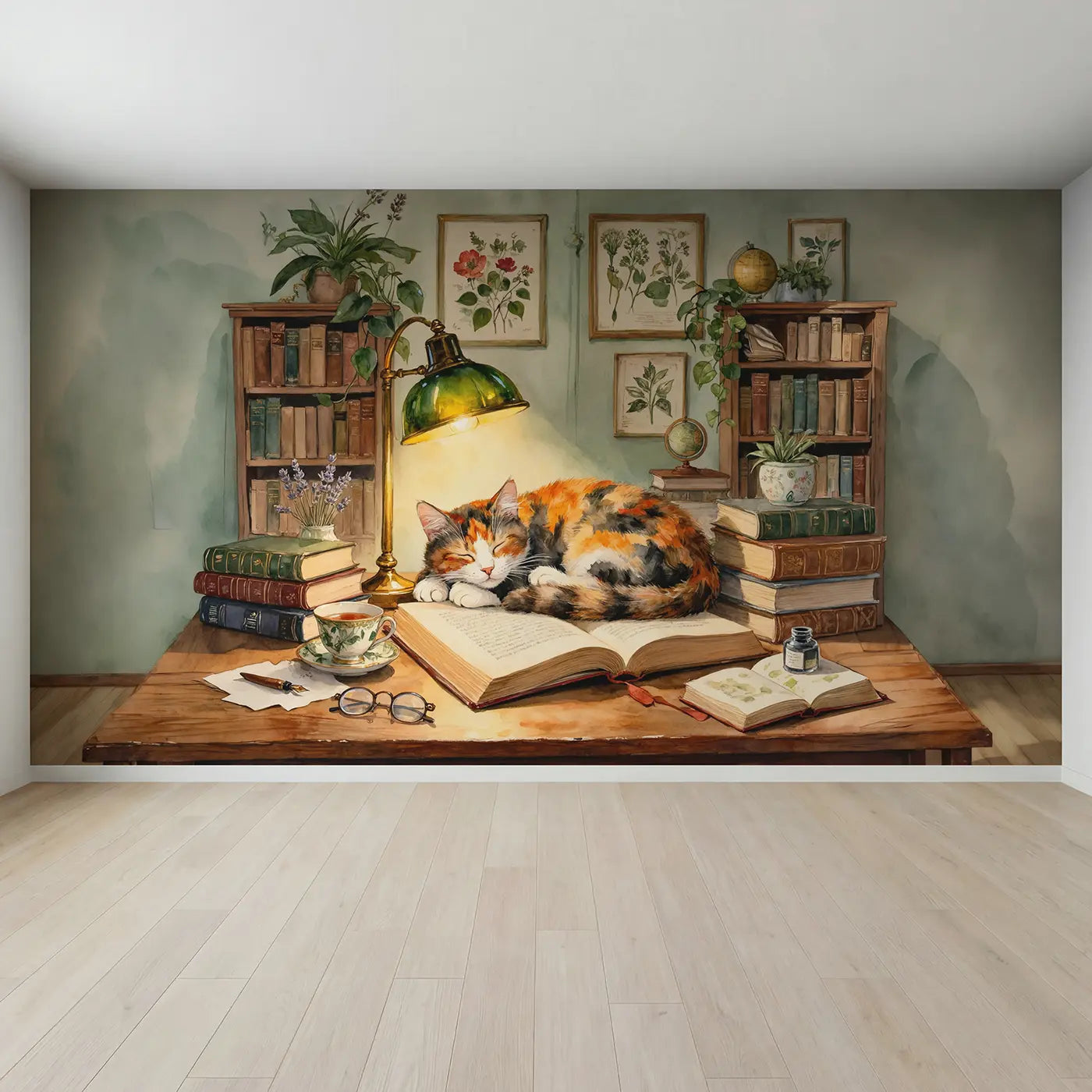 Full view of Tortoiseshell Cat Old Book Wallpaper Mural by Whimsy Tots