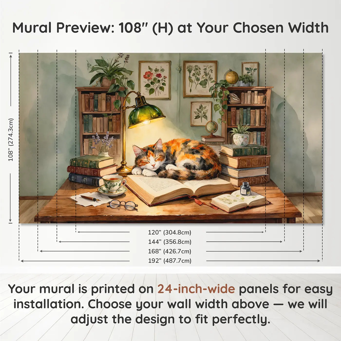 Panel layout and dimensions for Tortoiseshell Cat Old Book Wallpaper Mural by Whimsy Tots