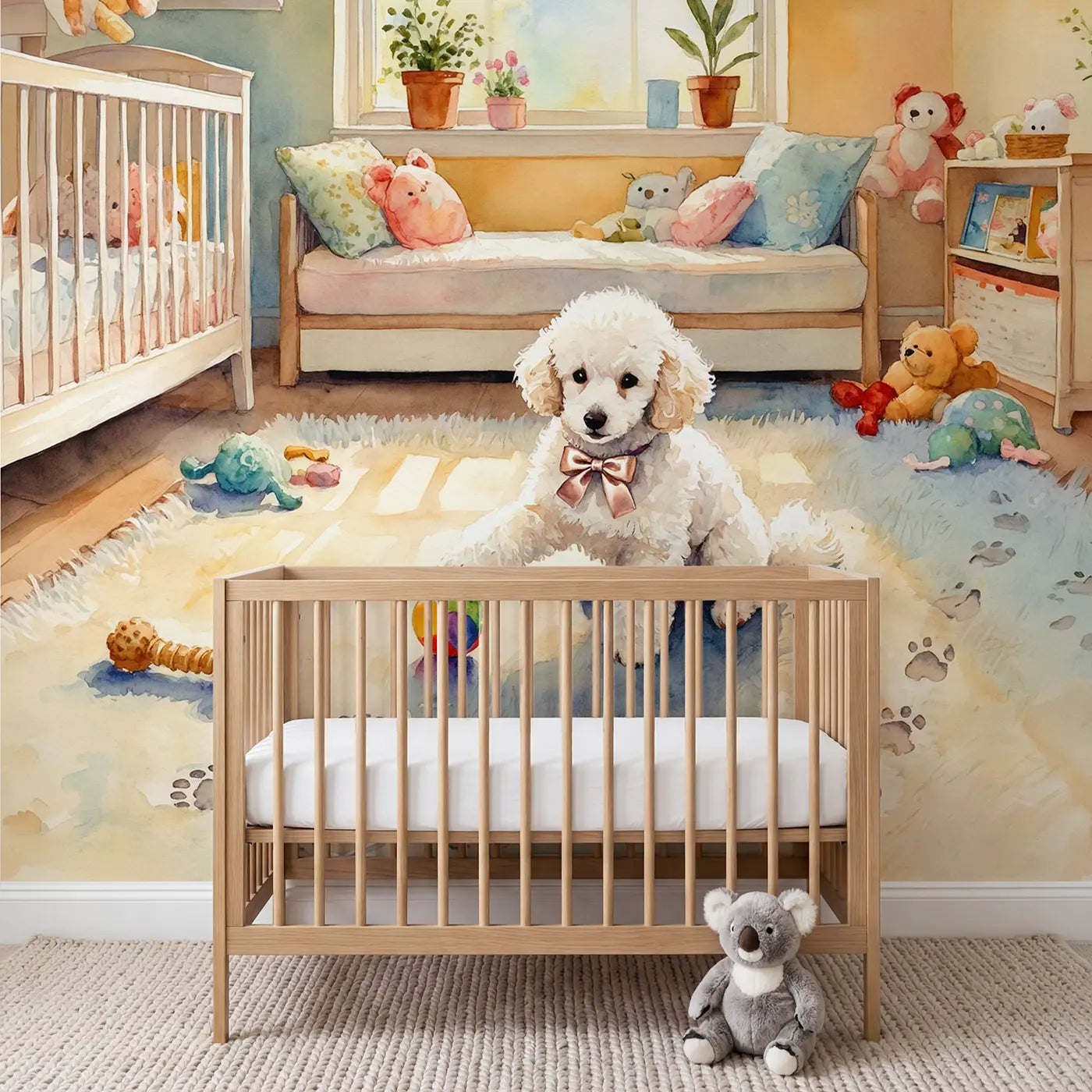 Watercolor puppy pet wallpaper mural for nursery by Whimsy Tots