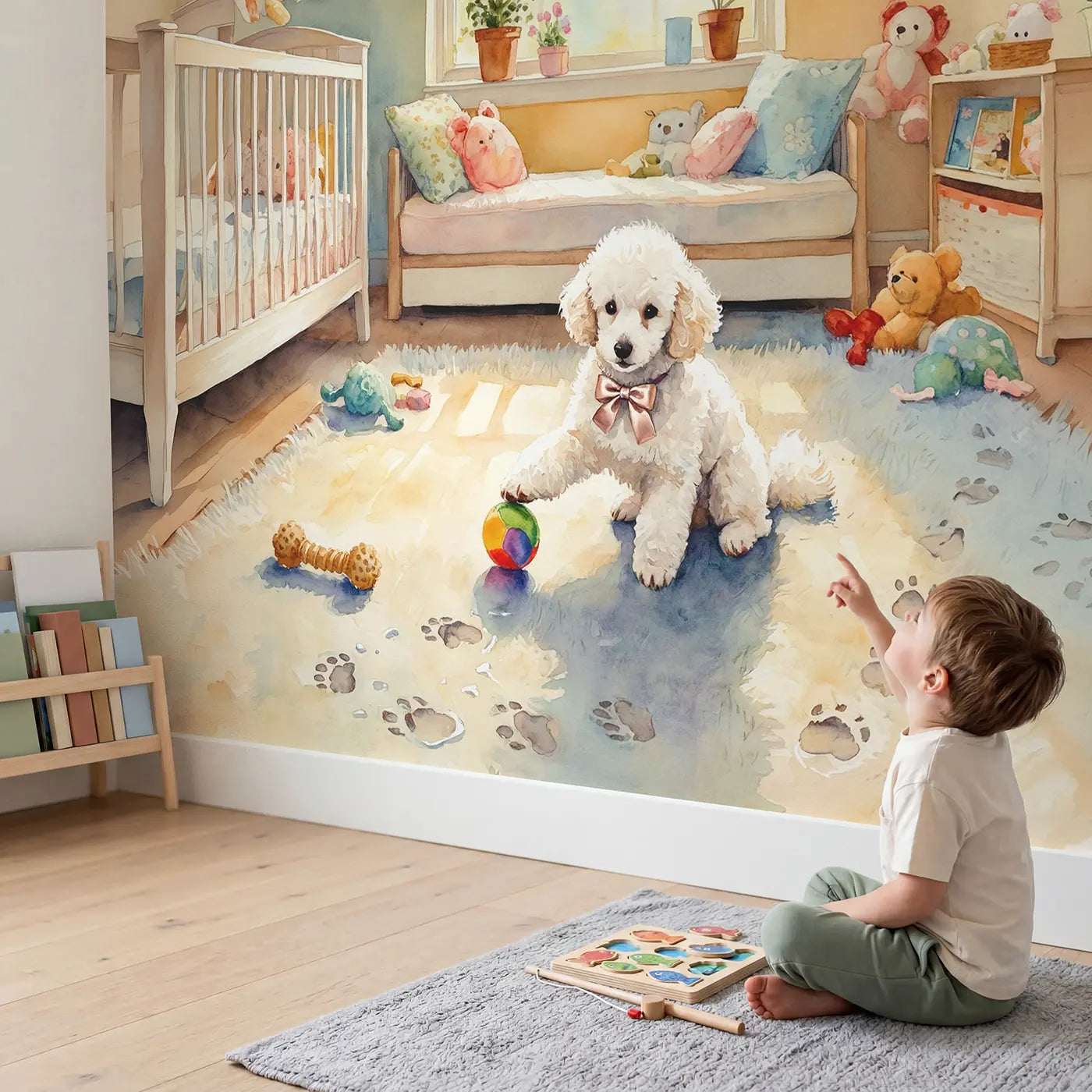 Child in nursery with Poodle Puppy Playroom Wallpaper Mural by Whimsy Tots
