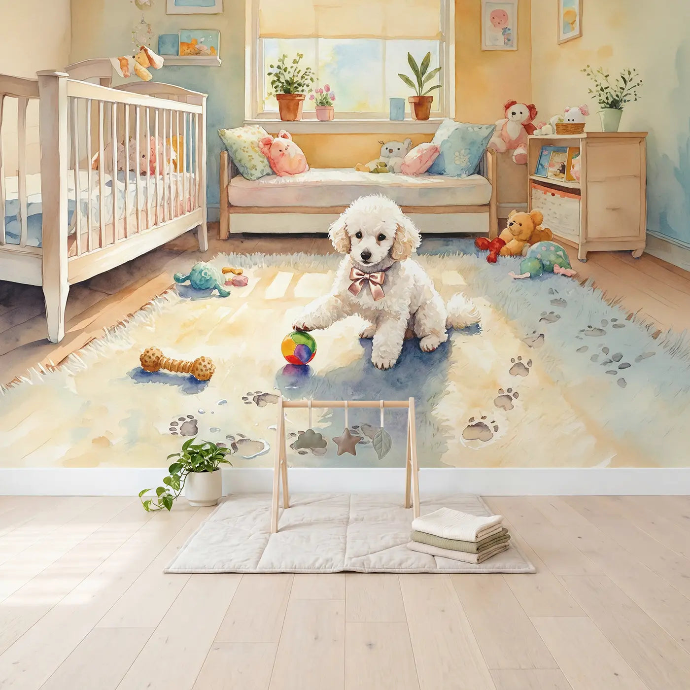 Poodle Puppy Playroom Wallpaper Mural in playroom setting by Whimsy Tots