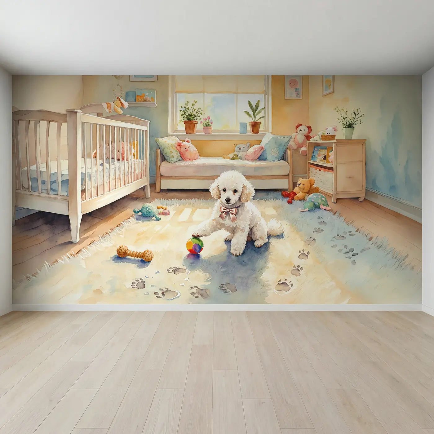 Full view of Poodle Puppy Playroom Wallpaper Mural by Whimsy Tots