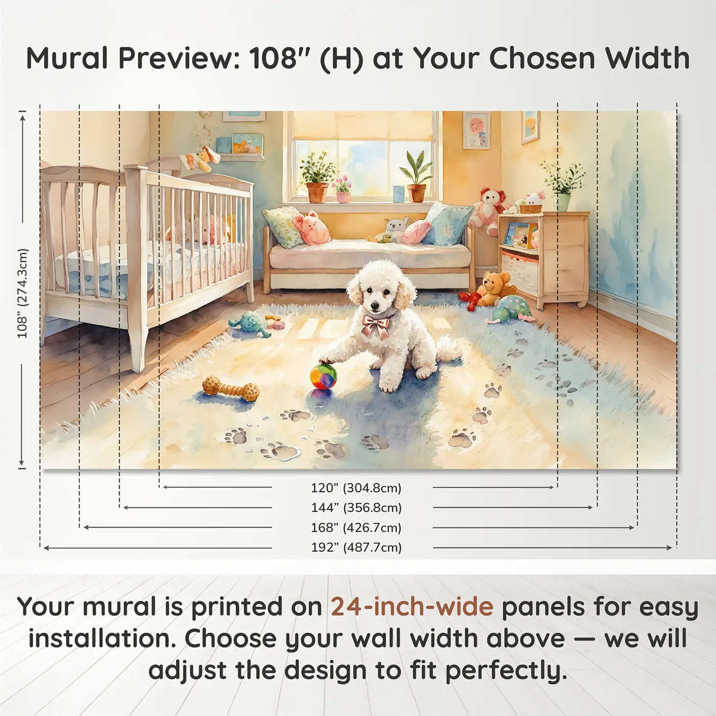 Panel layout and dimensions for Poodle Puppy Playroom Wallpaper Mural by Whimsy Tots
