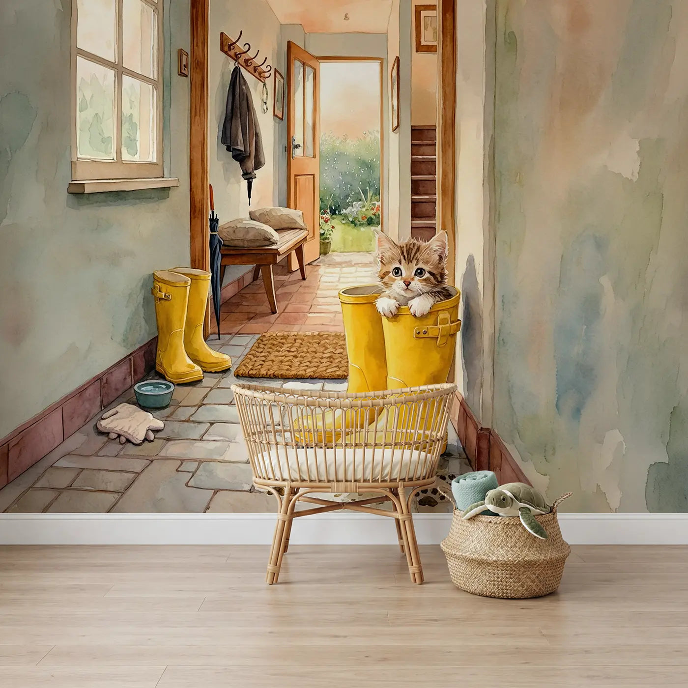 Watercolor kitten and cat wallpaper mural for boys room by Whimsy Tots