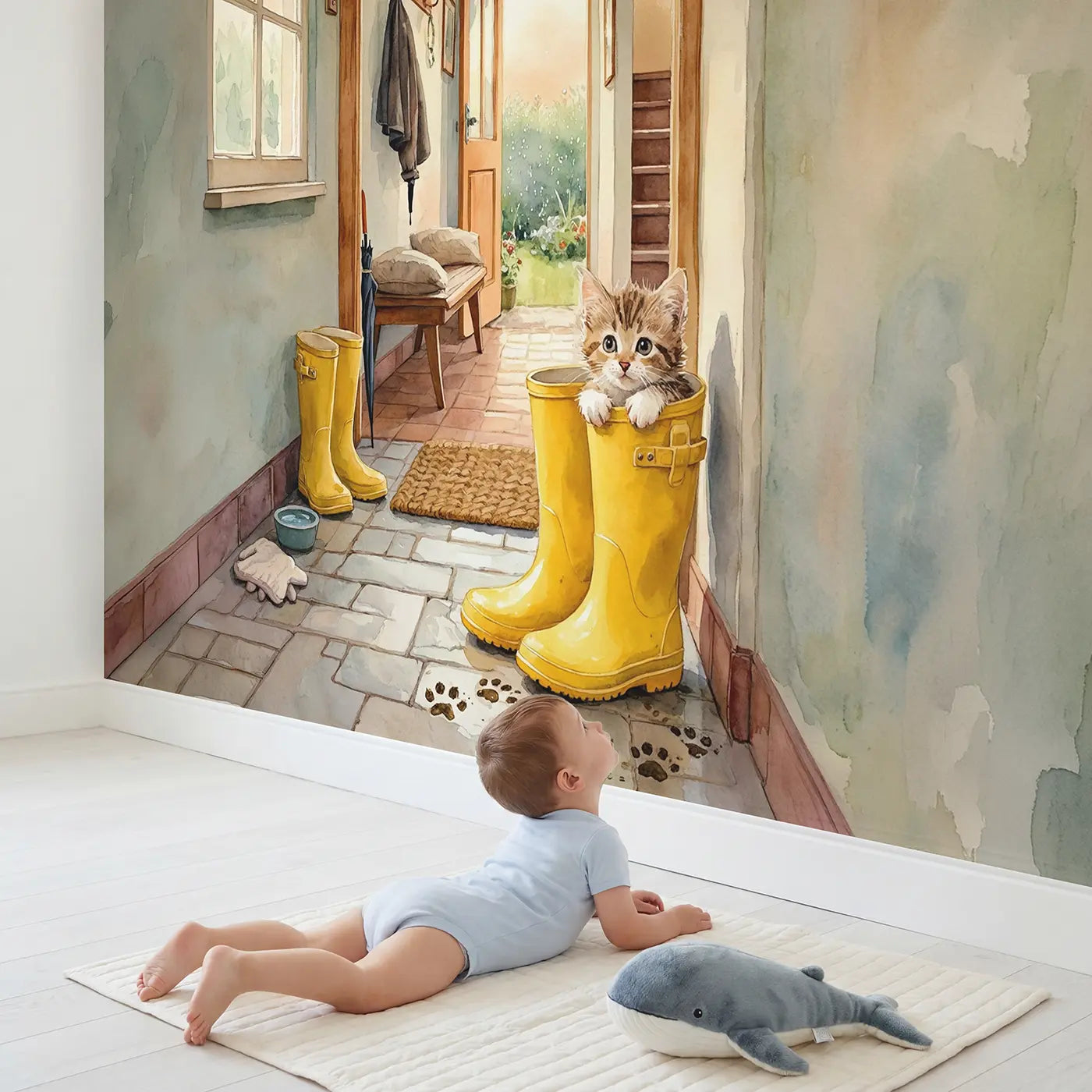 Child in nursery with Kitten in Rain Boot Hallway Wallpaper Mural by Whimsy Tots