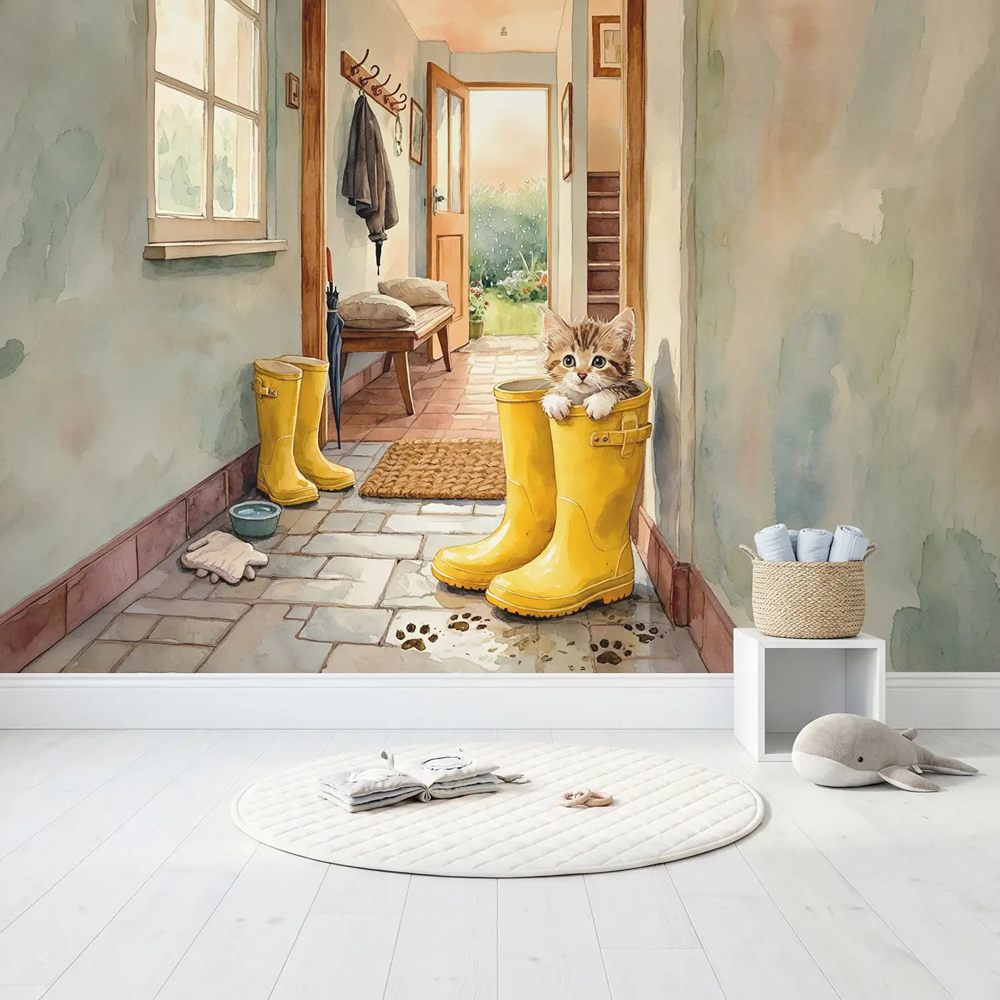 Kitten in Rain Boot Hallway Wallpaper Mural in playroom setting by Whimsy Tots