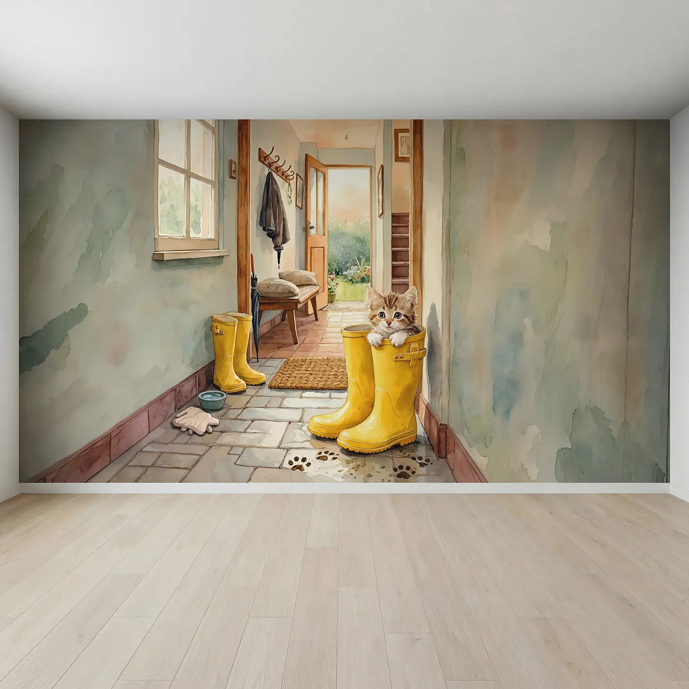 Full view of Kitten in Rain Boot Hallway Wallpaper Mural by Whimsy Tots