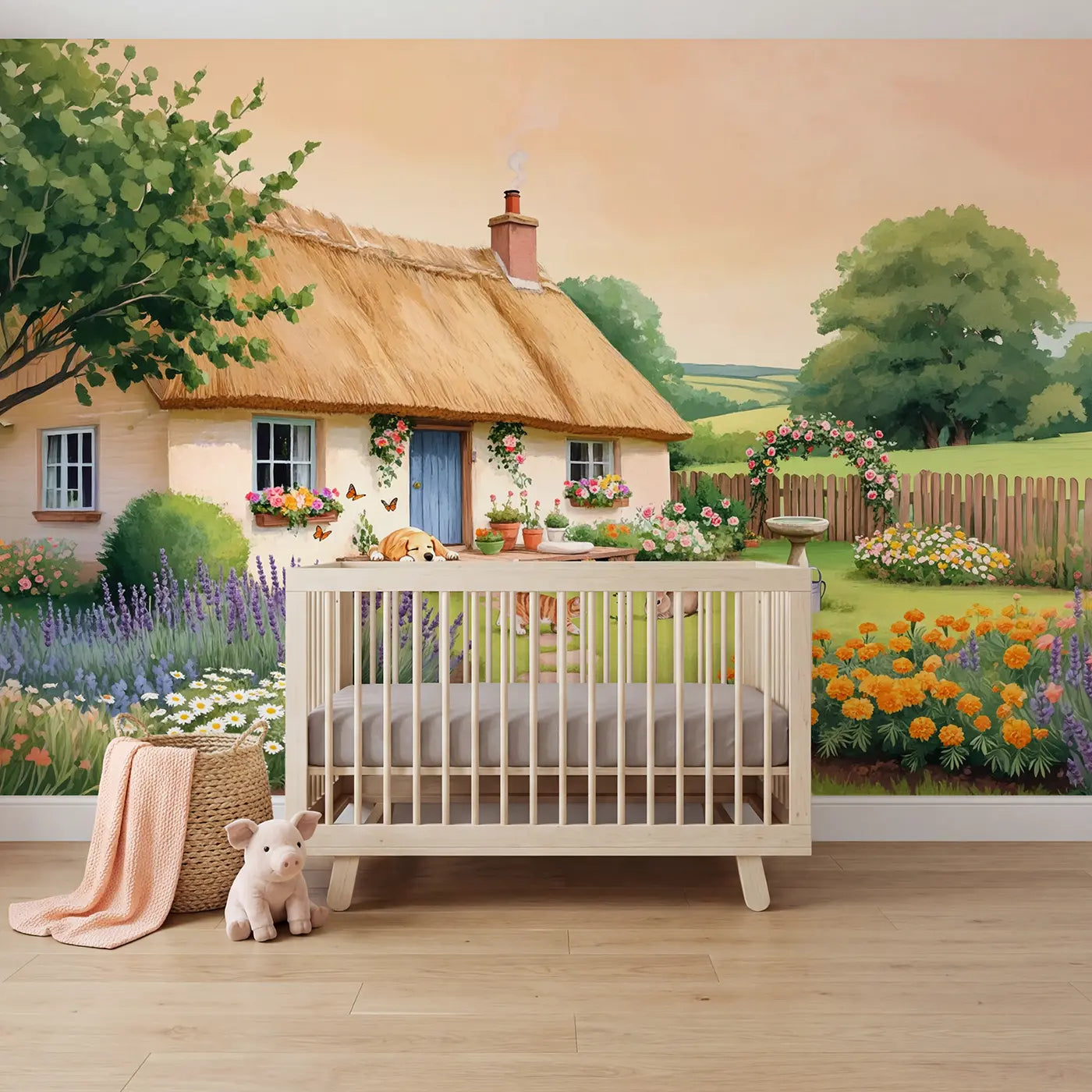 soft pastel cottage pets garden wallpaper mural for girls room by Whimsy Tots