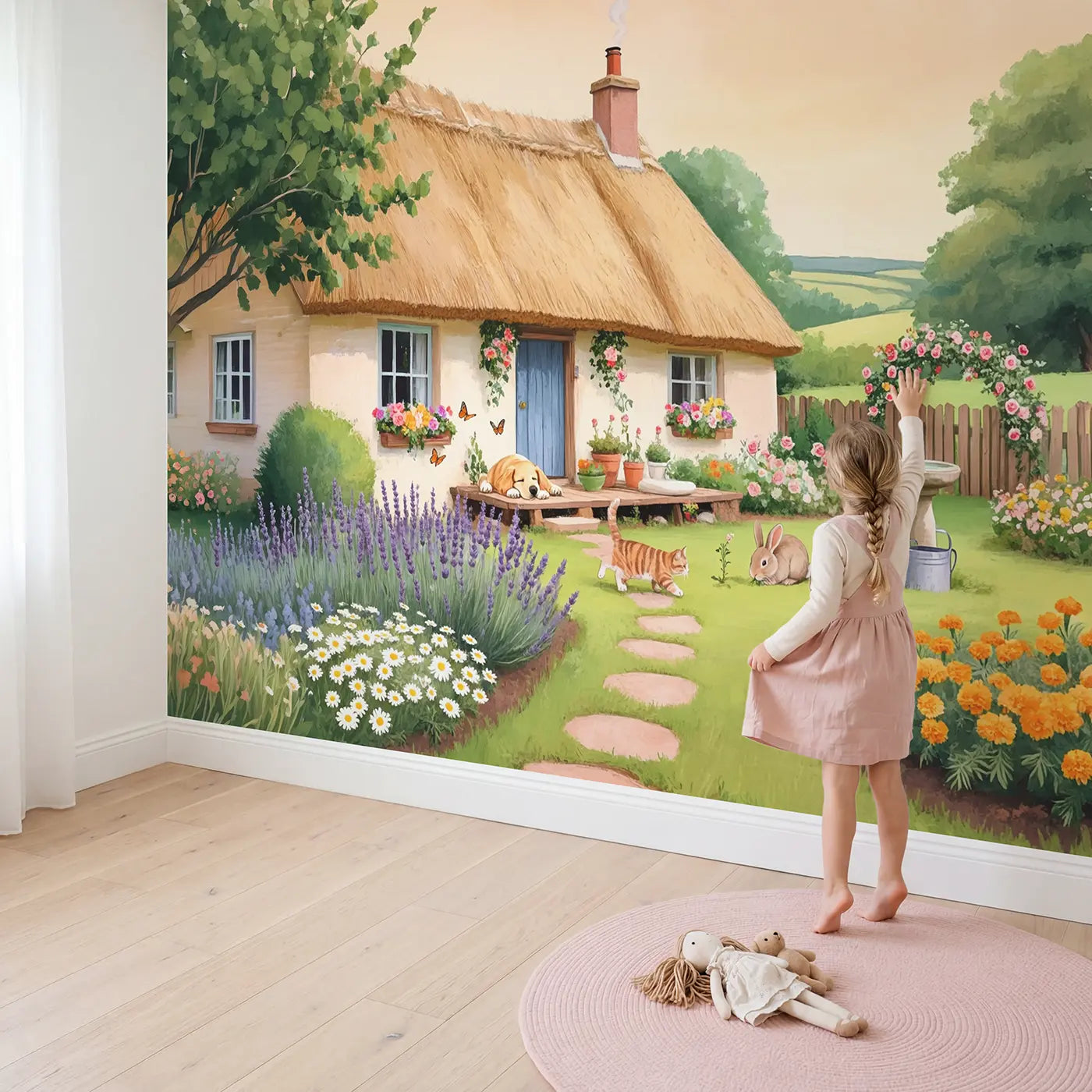Child in nursery with Happy Cottage Pet Garden Wallpaper Mural by Whimsy Tots