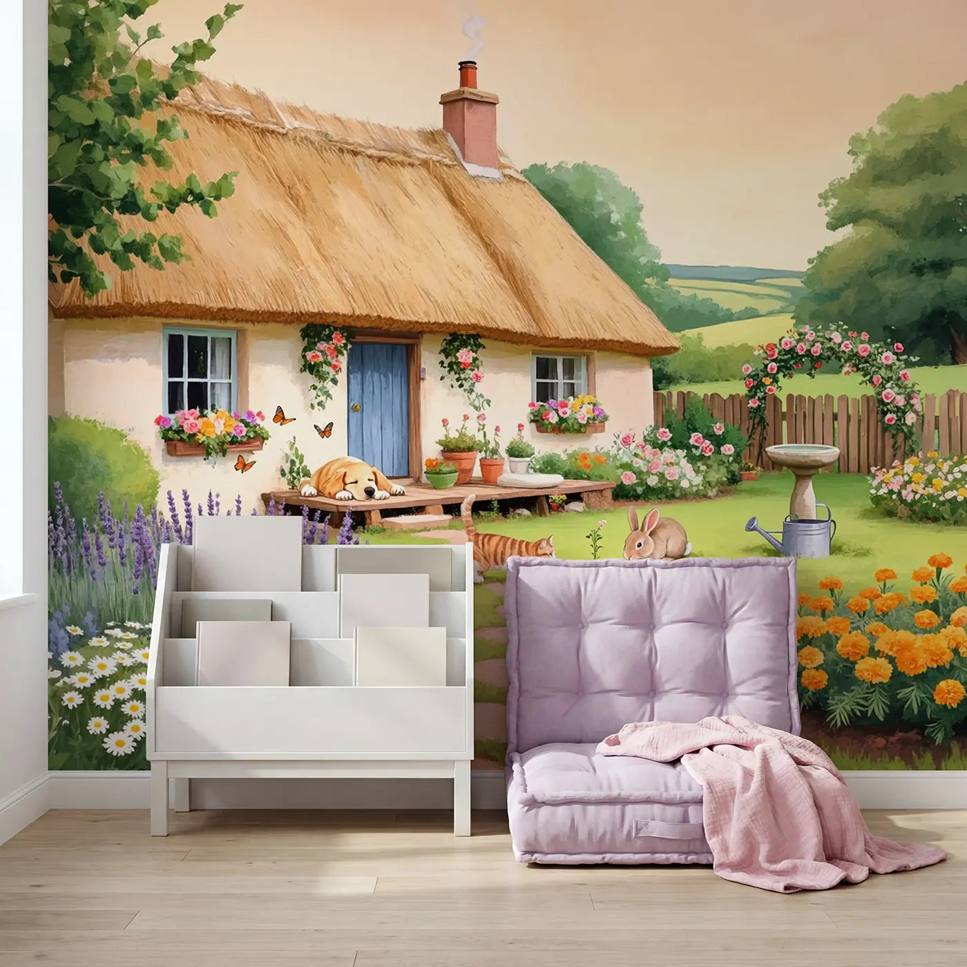 Happy Cottage Pet Garden Wallpaper Mural in playroom setting by Whimsy Tots