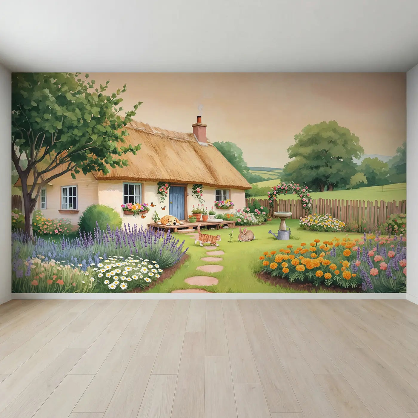Full view of Happy Cottage Pet Garden Wallpaper Mural by Whimsy Tots