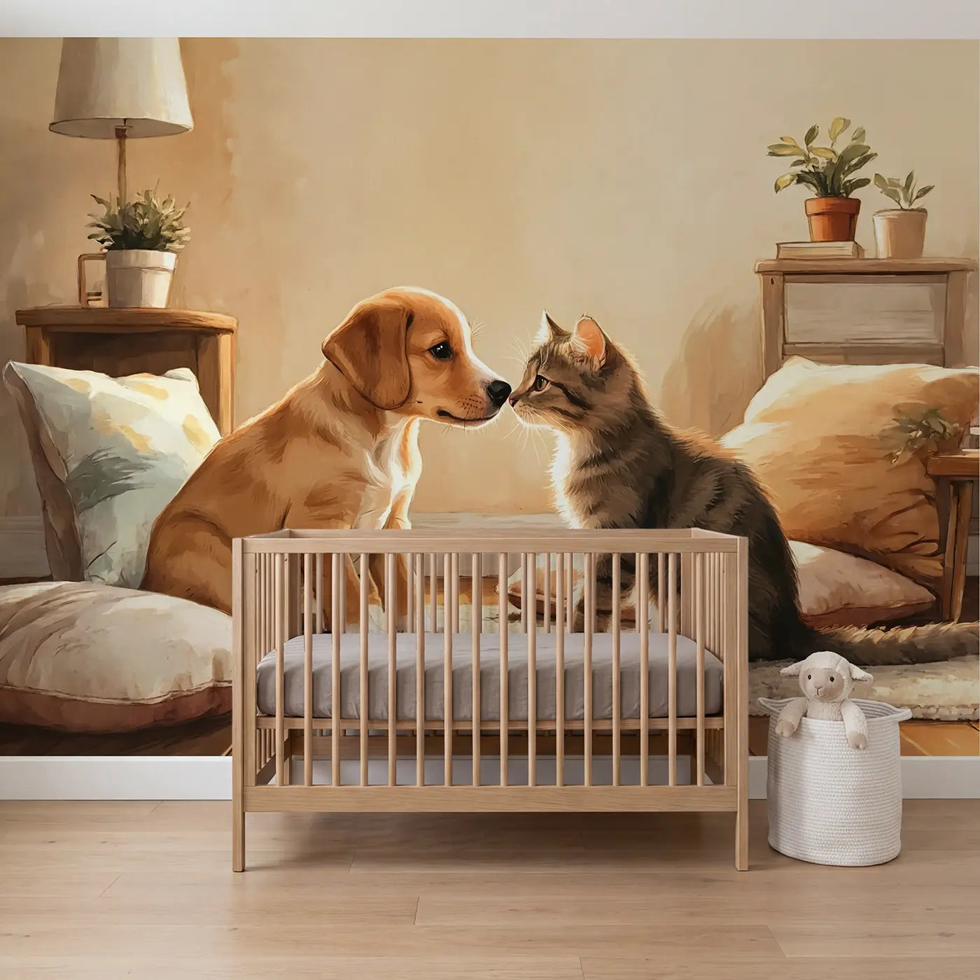 Soft pastel puppy kitten meeting wallpaper mural for nursery by Whimsy Tots