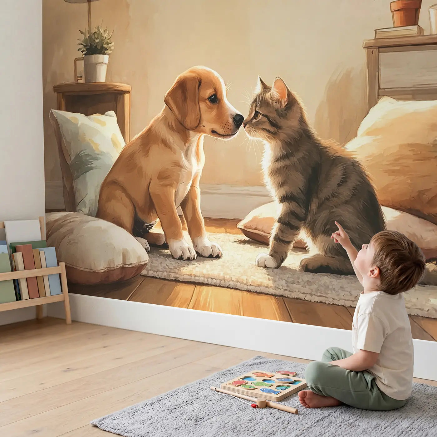 Child in nursery with Puppy Kitten First Meeting Wallpaper Mural by Whimsy Tots