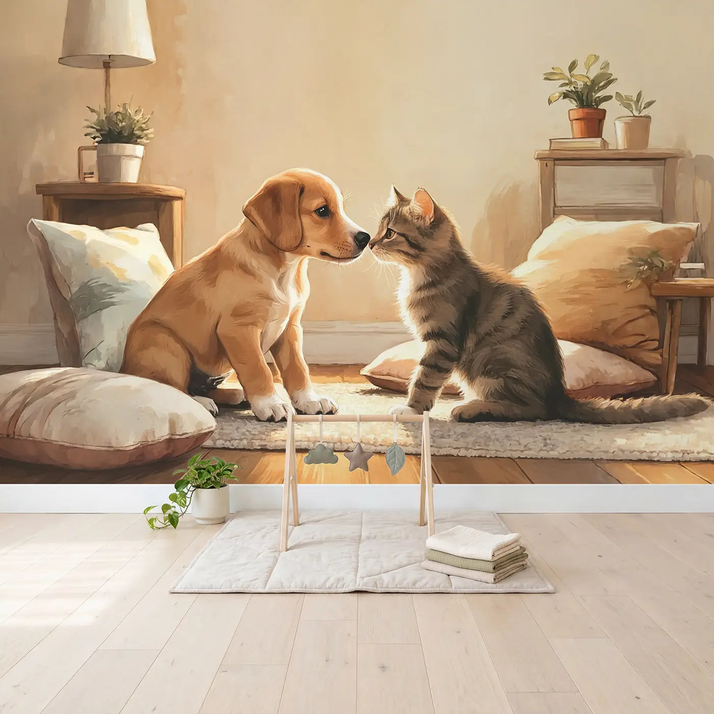 Puppy Kitten First Meeting Wallpaper Mural in playroom setting by Whimsy Tots