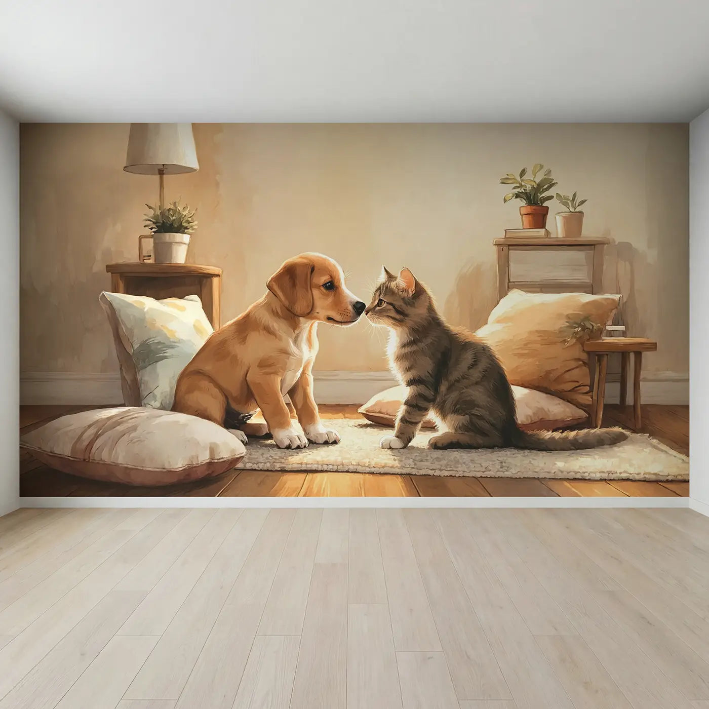 Full view of Puppy Kitten First Meeting Wallpaper Mural by Whimsy Tots