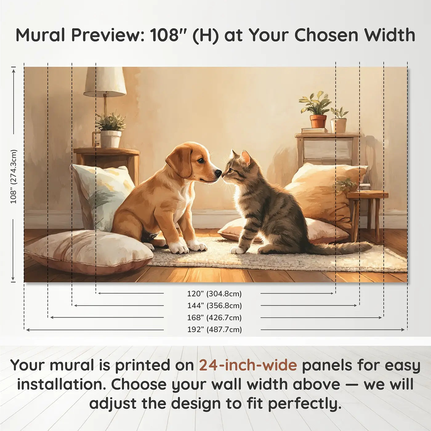 Panel layout and dimensions for Puppy Kitten First Meeting Wallpaper Mural by Whimsy Tots