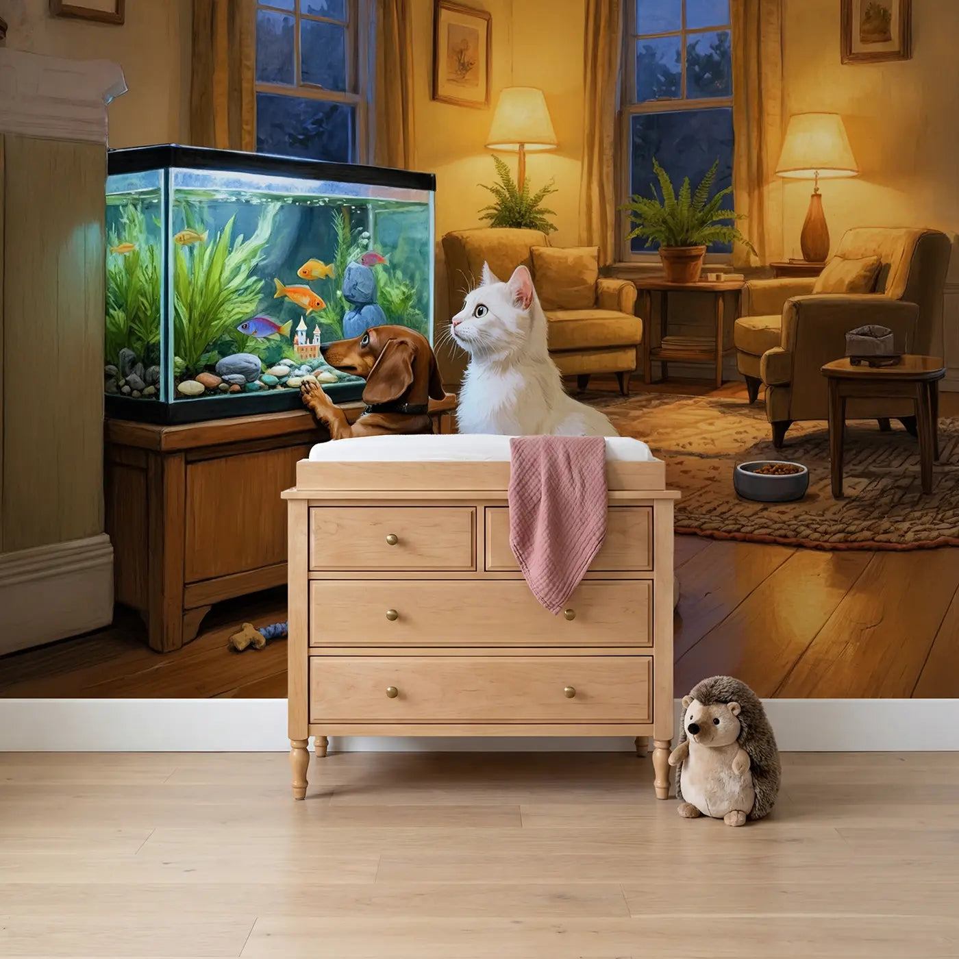 storybook illustration dog and cat fish tank mural for girls room by Whimsy Tots