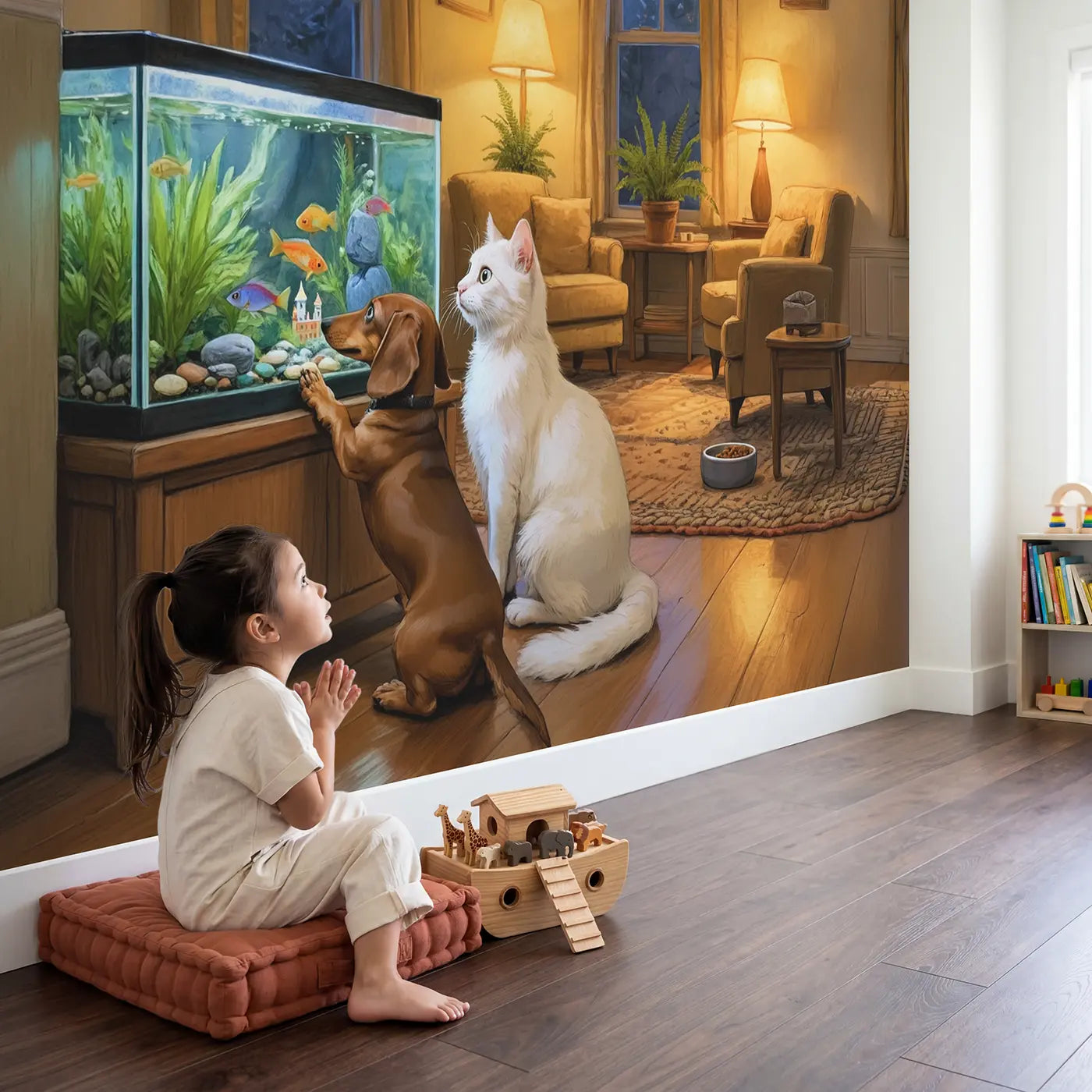 Child in nursery with Dog and Cat Fish Tank Watch Wallpaper Mural by Whimsy Tots