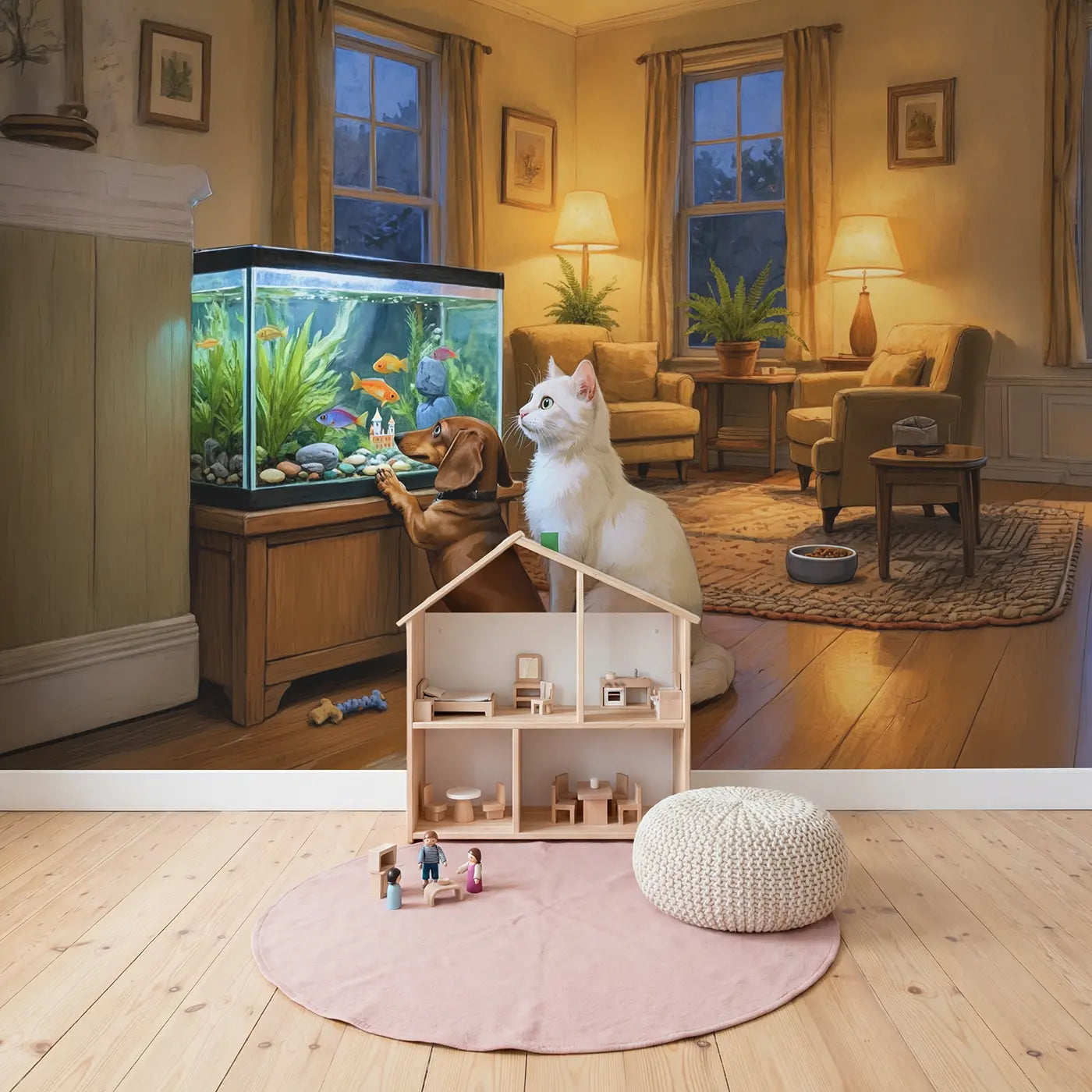 Dog and Cat Fish Tank Watch Wallpaper Mural in playroom setting by Whimsy Tots